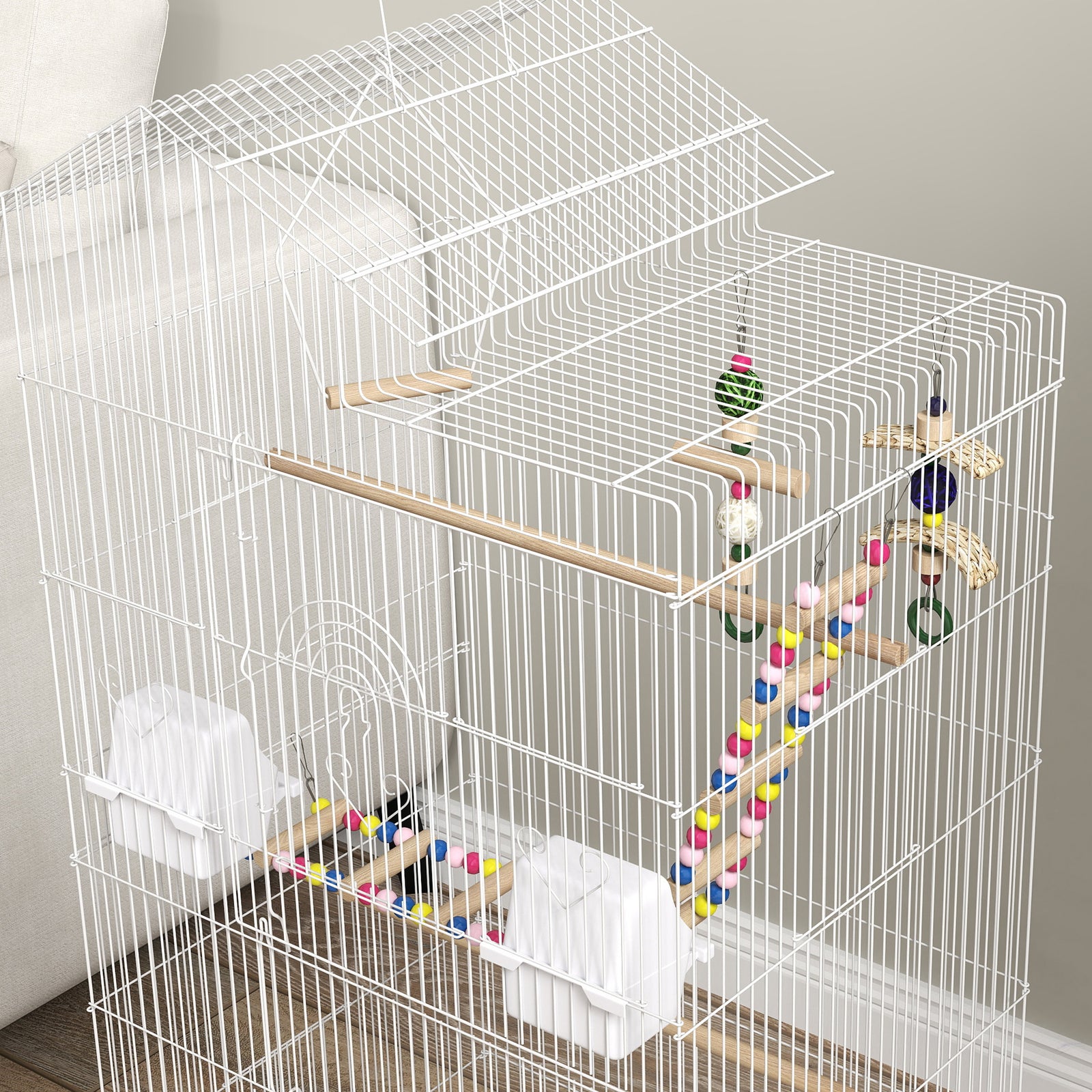 Bird Cage For Budgies, Finches, Canaries W/ Toys, Tray, White | White