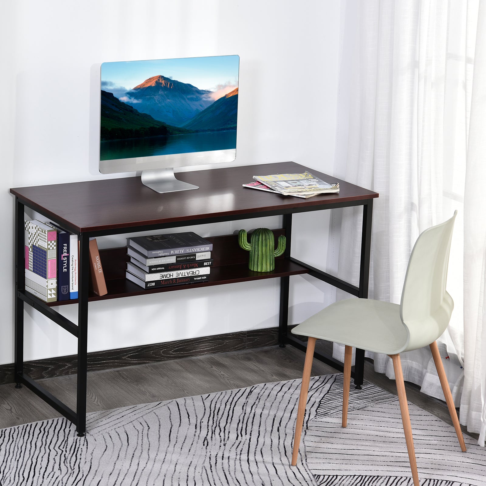 Two-tier Writing Desk Metal Frame Smooth Shelves W/ Shelf | Brown