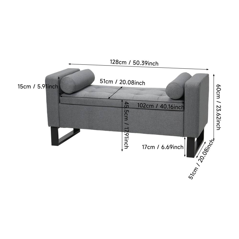 Grey Linen Storage Bench – Upholstered Entryway Seat With Hidden Storage, 128 X 51 X 60 Cm