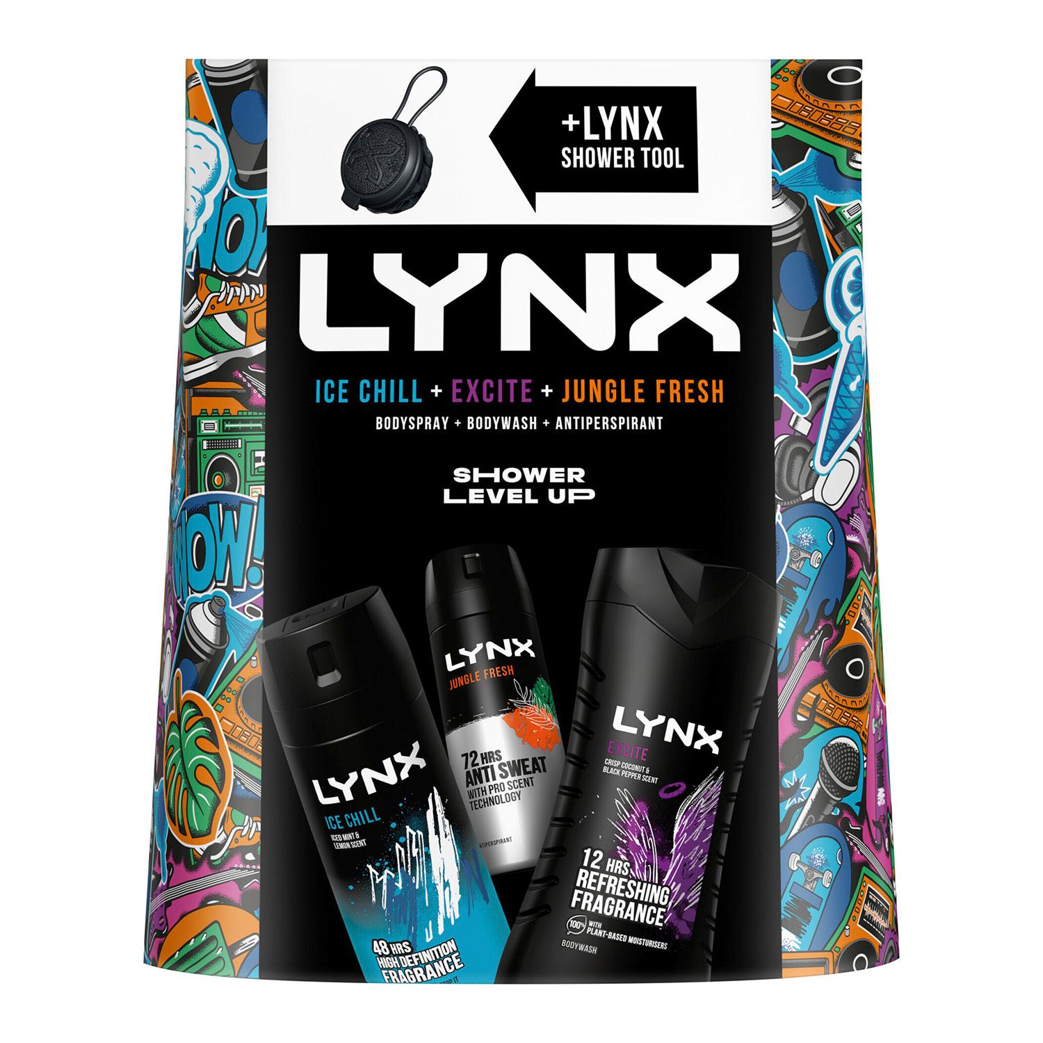 Lynx Shower Level Up Ice Chill, Excite, Jungle Fresh Giftset For Him with Shower Tool