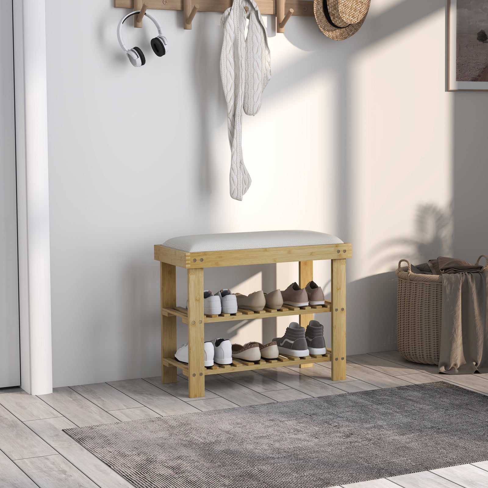 3-tier Shoe Storage Bench, Bamboo Shoe Rack For Entryway, Cream