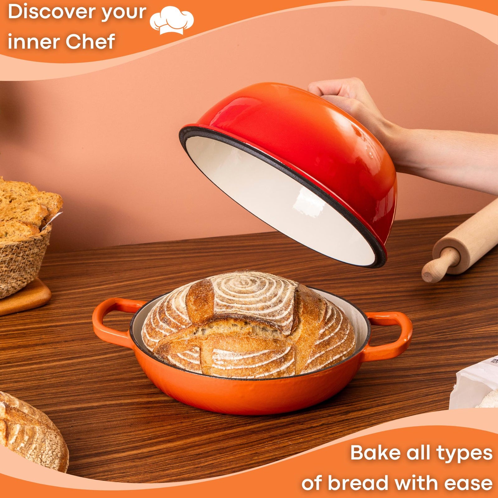 Enamelled Cast Iron Dutch Oven Bread Pot, 22cm (5.6l) | Orange