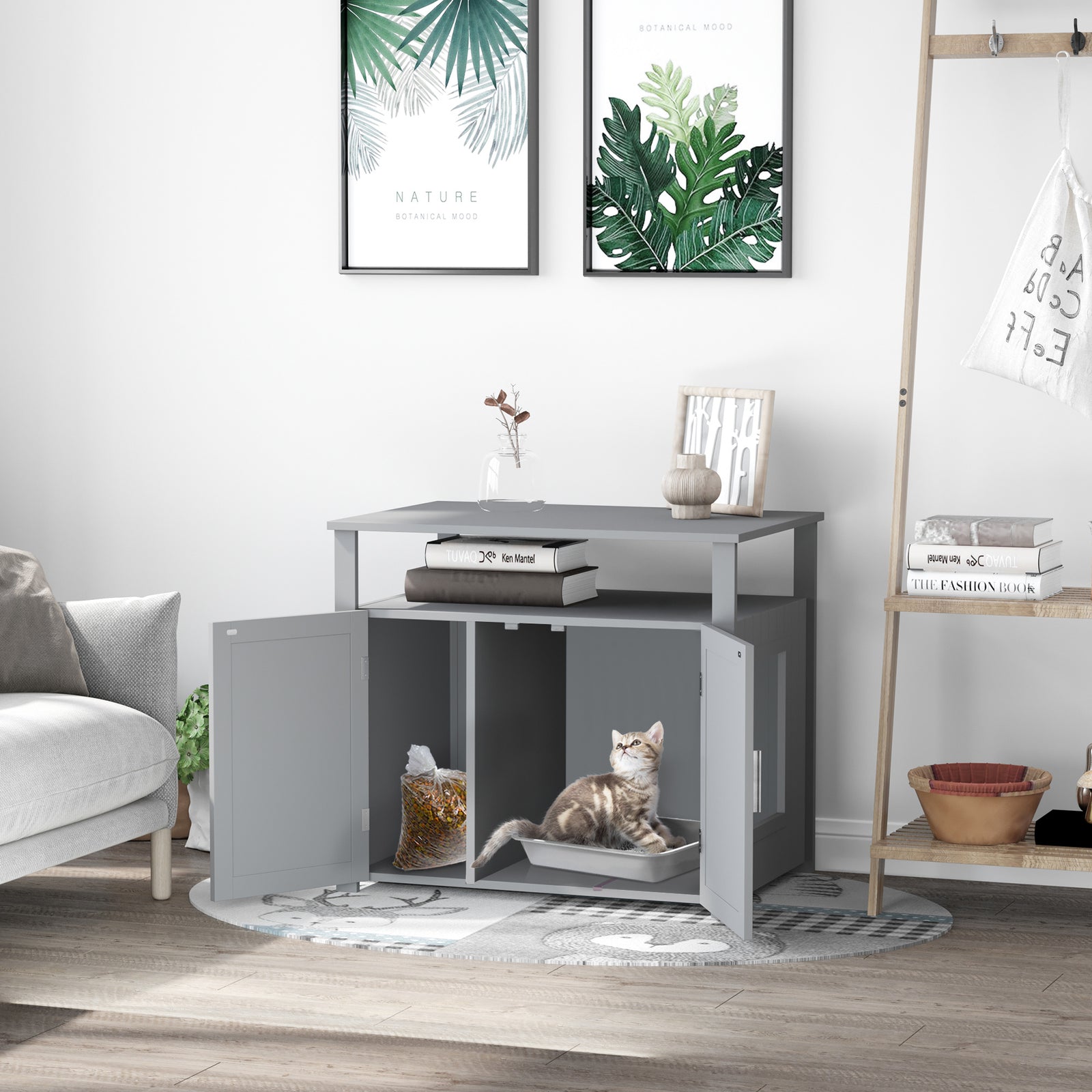 Wood Cat Litter Box Enclosure Furniture W/ Adjustable Interior Wall | Gray