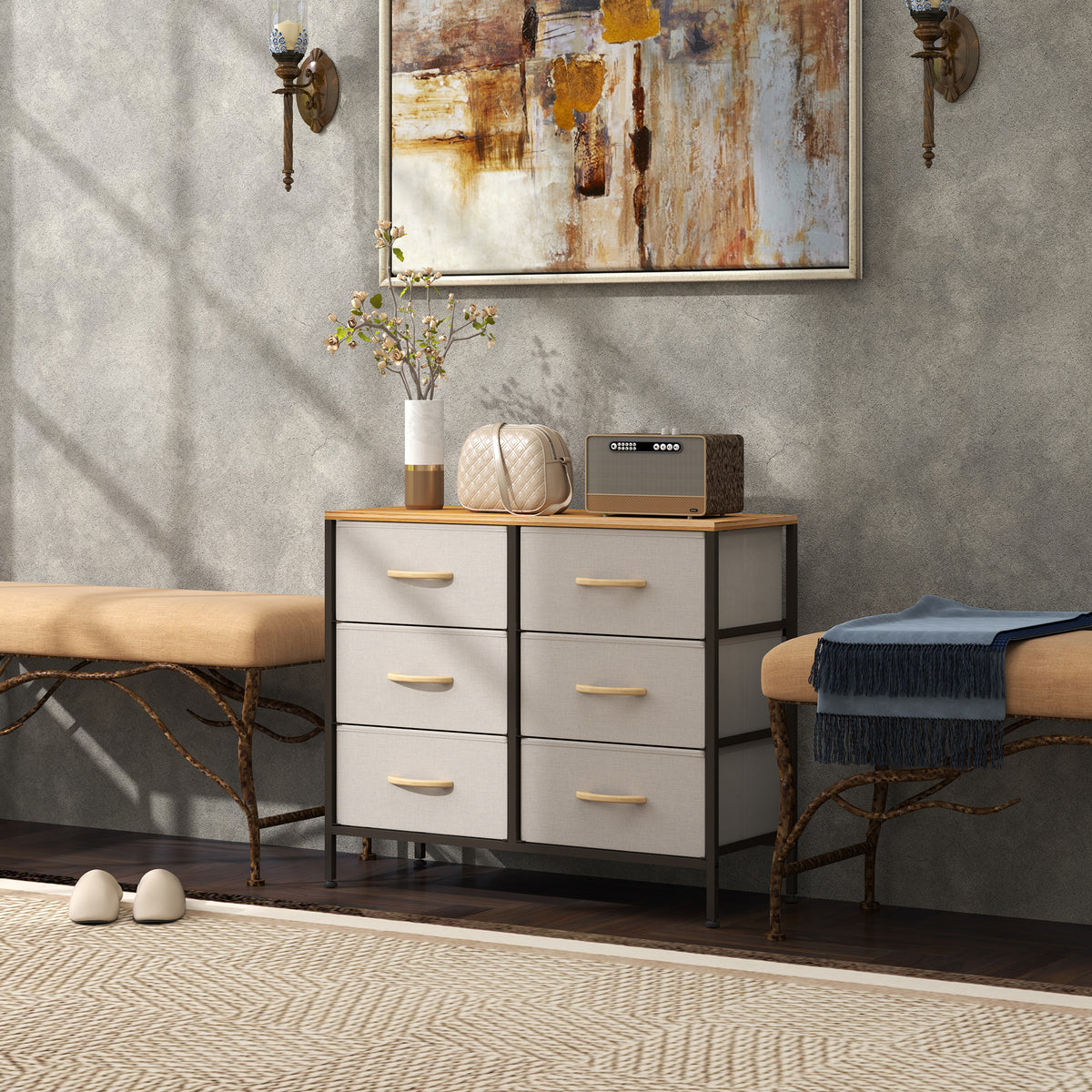 HOMCOM 6 Drawer Fabric Chest Of Drawers W/ Wooden Top For Hallway