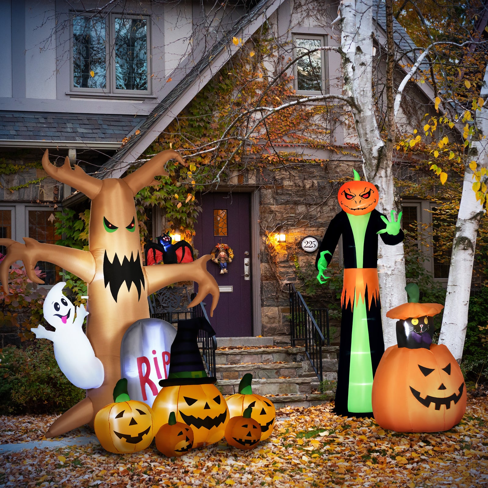 6' Inflatable Halloween Large Pumpkin In Hat W/ Four Small Pumpkin Led