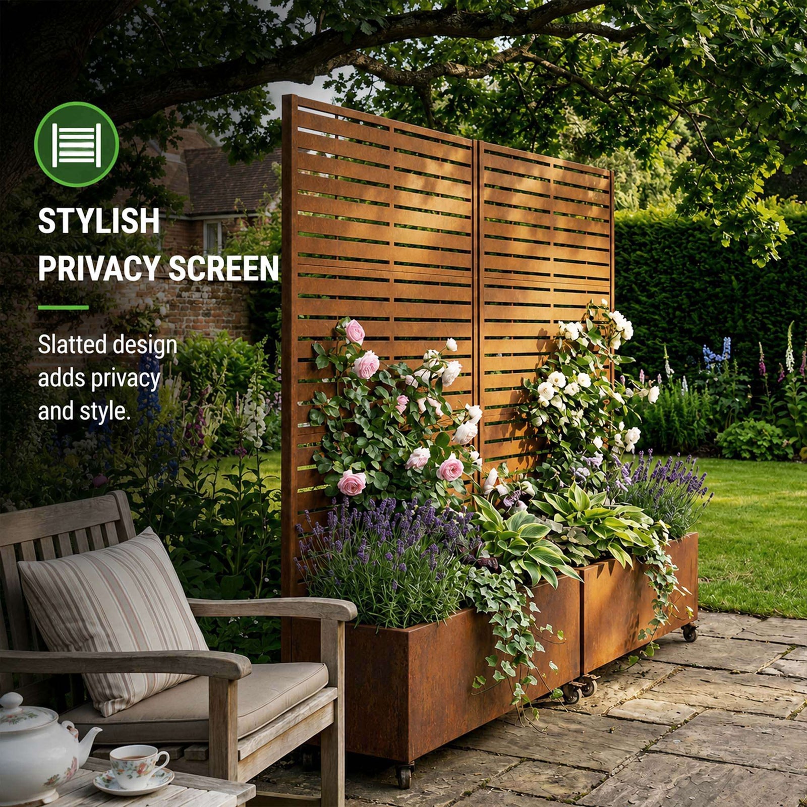 Metal Privacy Screen With Plant Pot - Slat | Rust