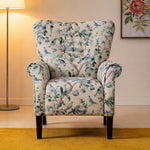 Vintage Floral and Bird Upholstered Armchair, Linen Fabric Accent Chair with Elegant Tufting