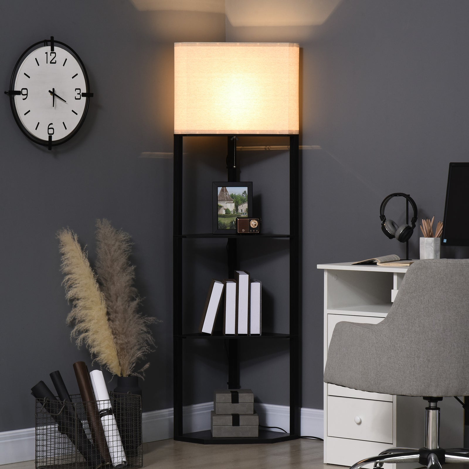 Corner Modern Floor Lamp With Shelves For Living Room | One Size | Black