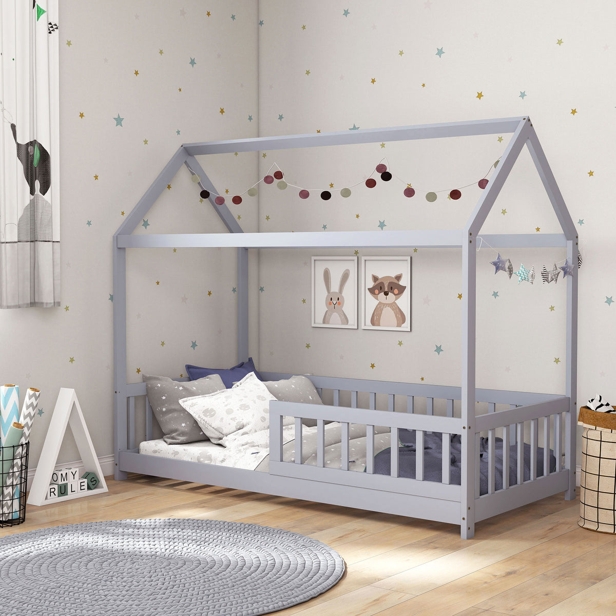 House-shaped Kids Bed Frame With Guard Rails For Boys Girls | Grey