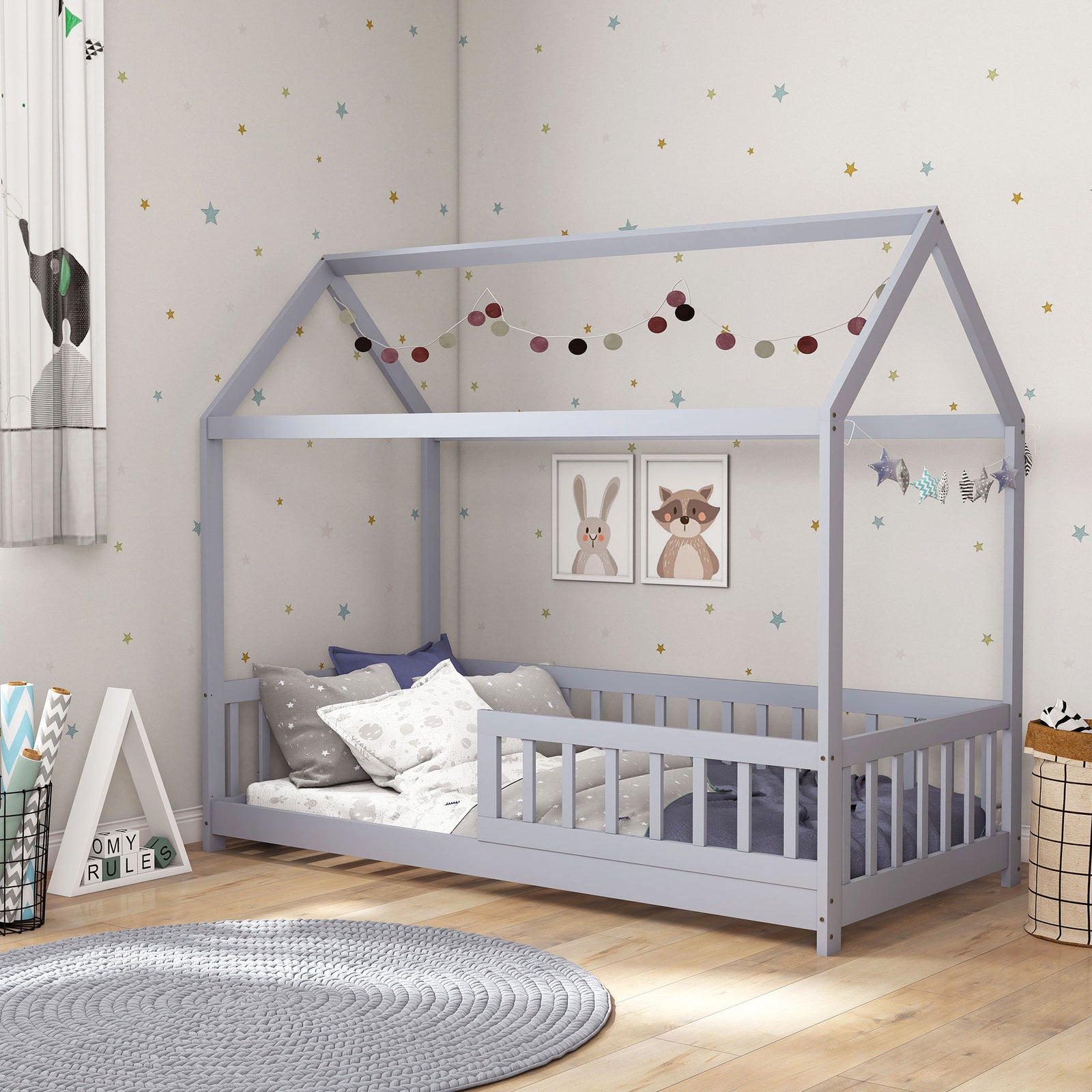 House-shaped Kids Bed Frame With Guard Rails For Boys Girls | Grey