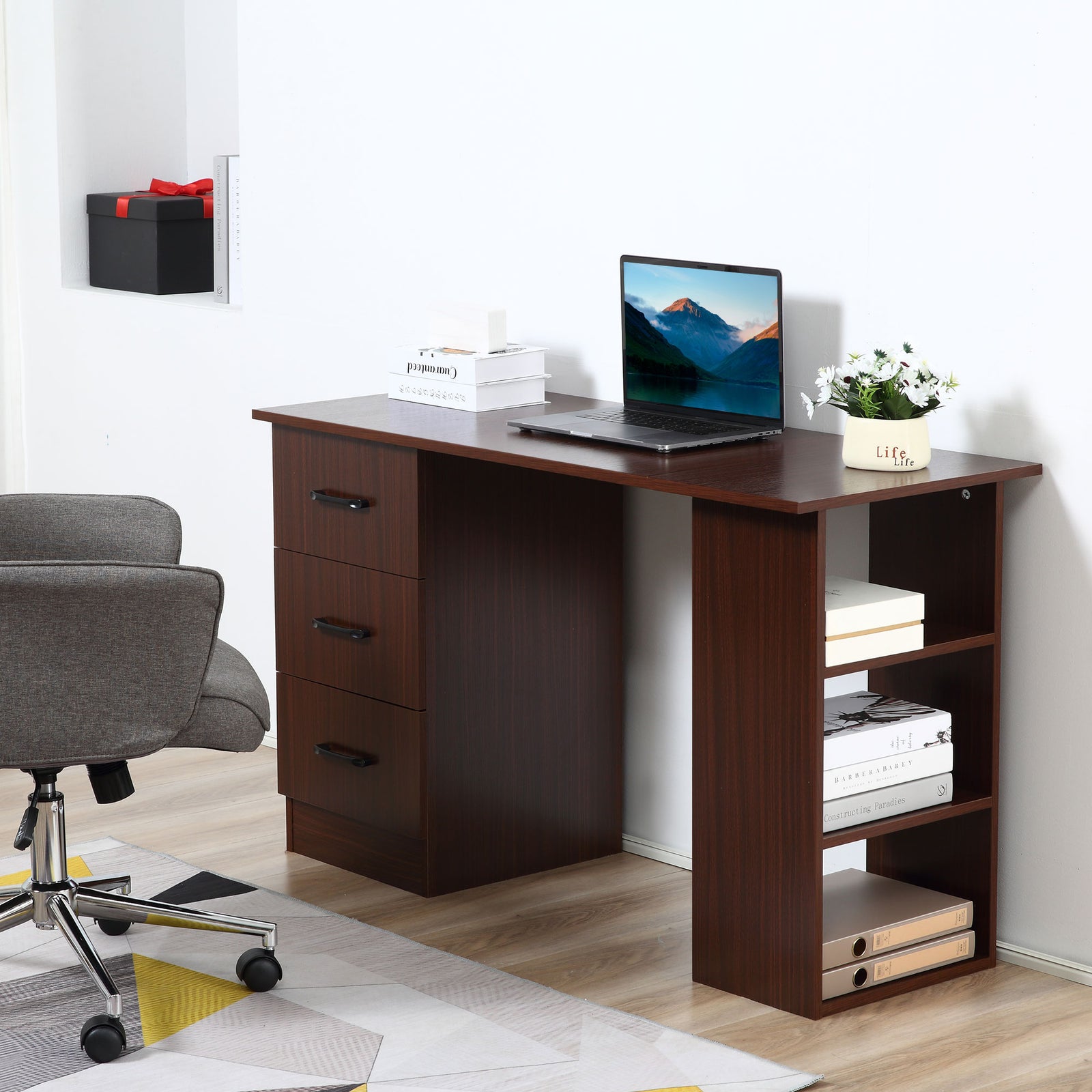 120cm Computer Desk Pc Table Workstation W/ 3 Shelf & Drawer | Brown