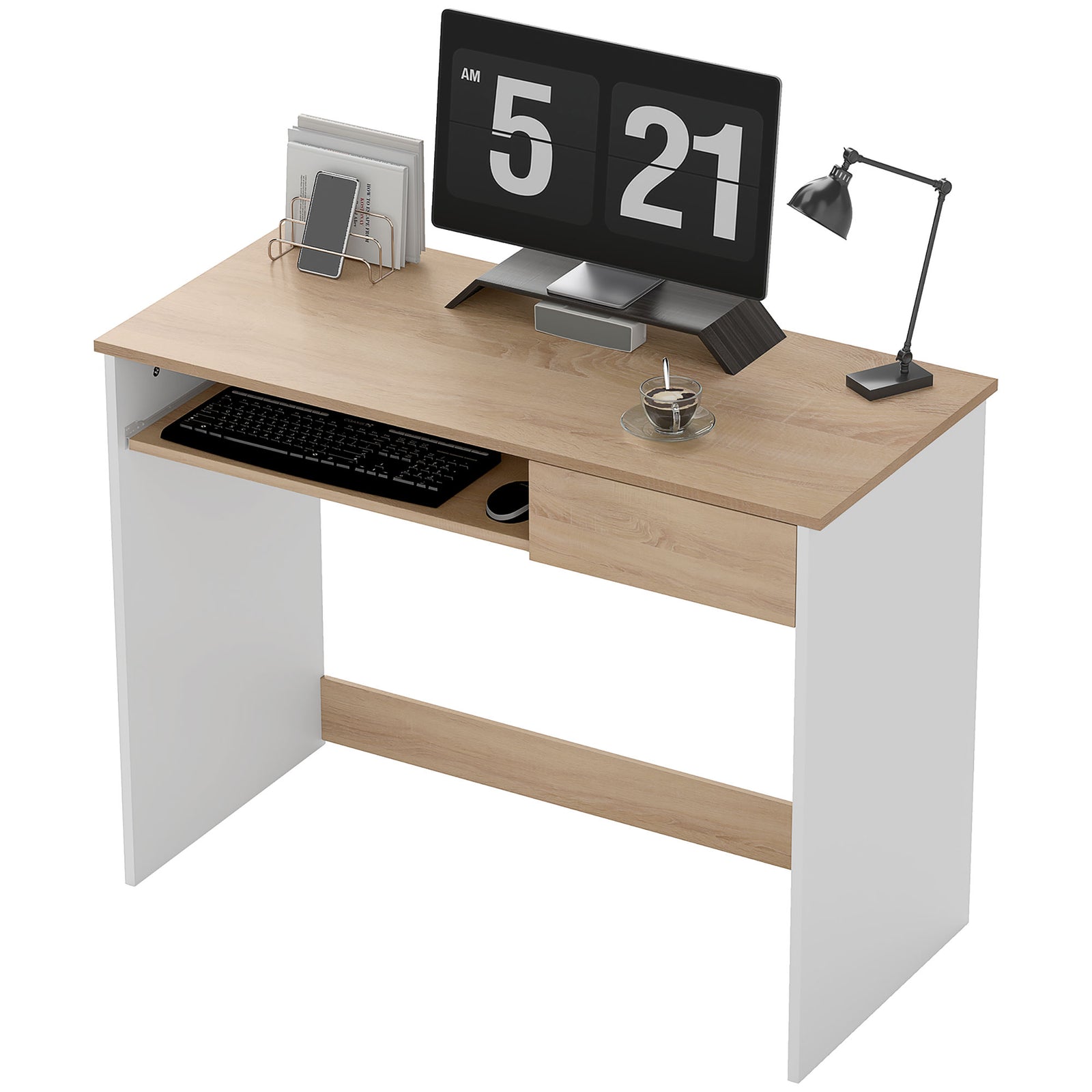 Compact Computer Table With Keyboard Tray And Drawer | Oak