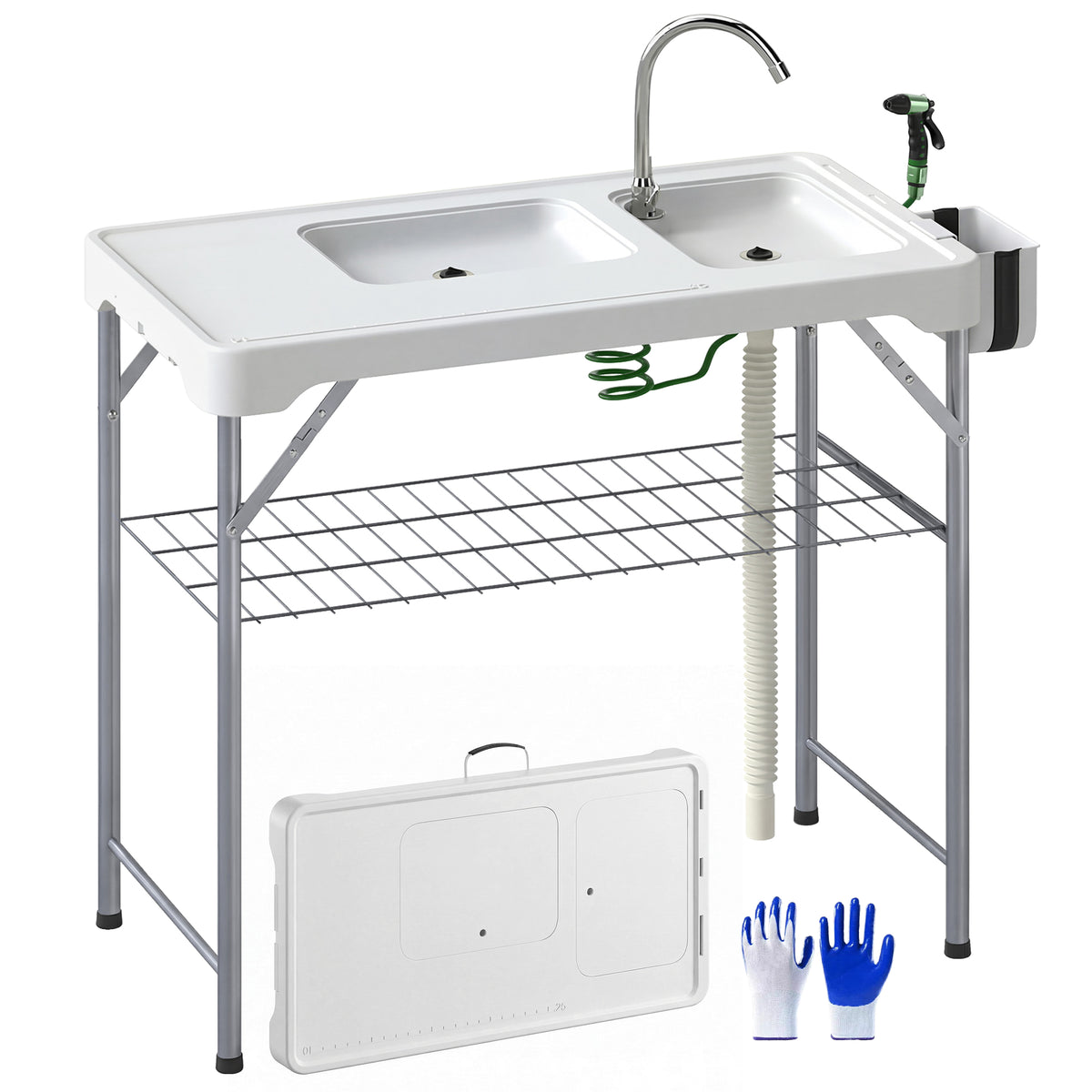 Outsunny Folding Fish Cleaning Table Camping Sink Table With Faucet, White