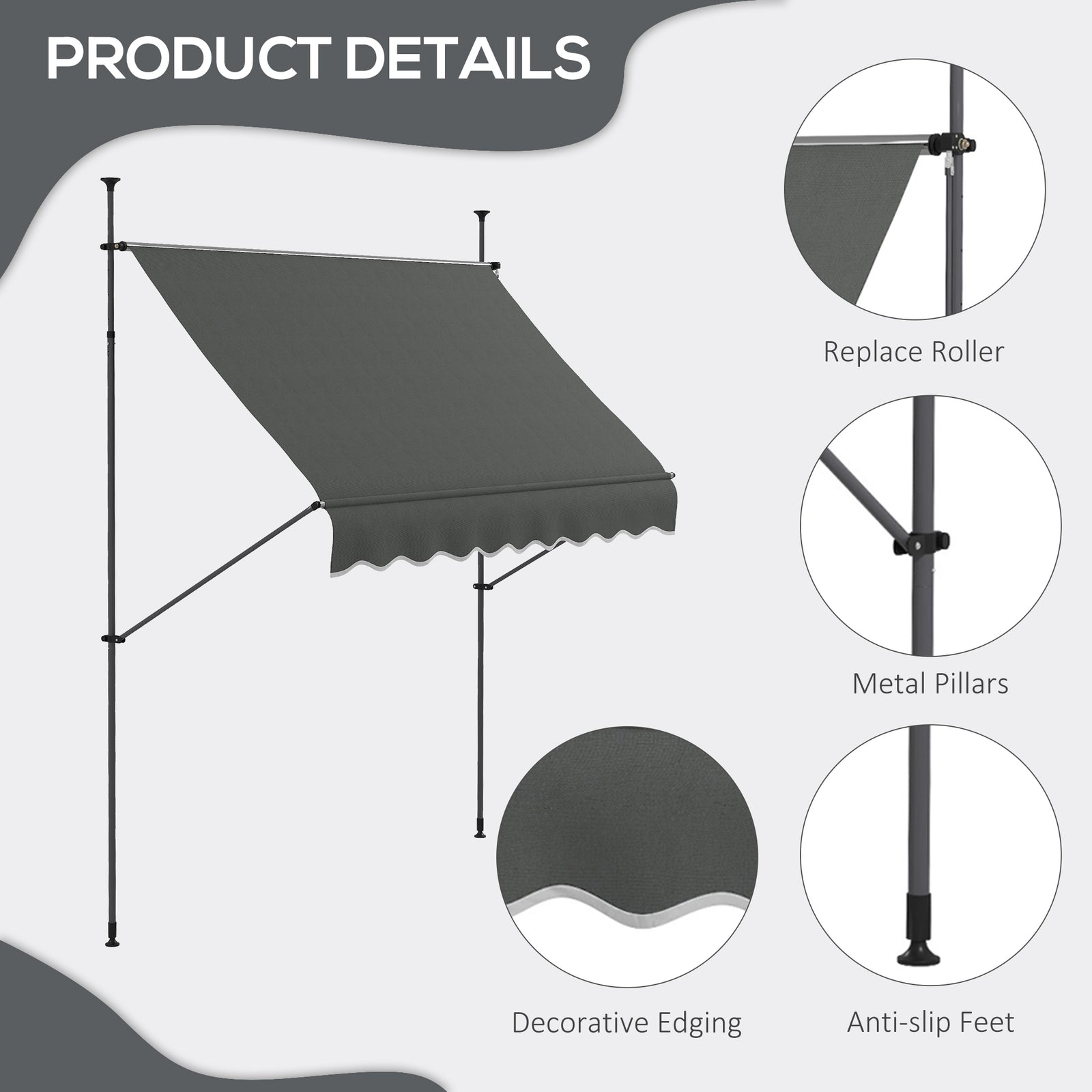 Free Standing Retractable Awning, Dark Grey | Large | Dark Gray