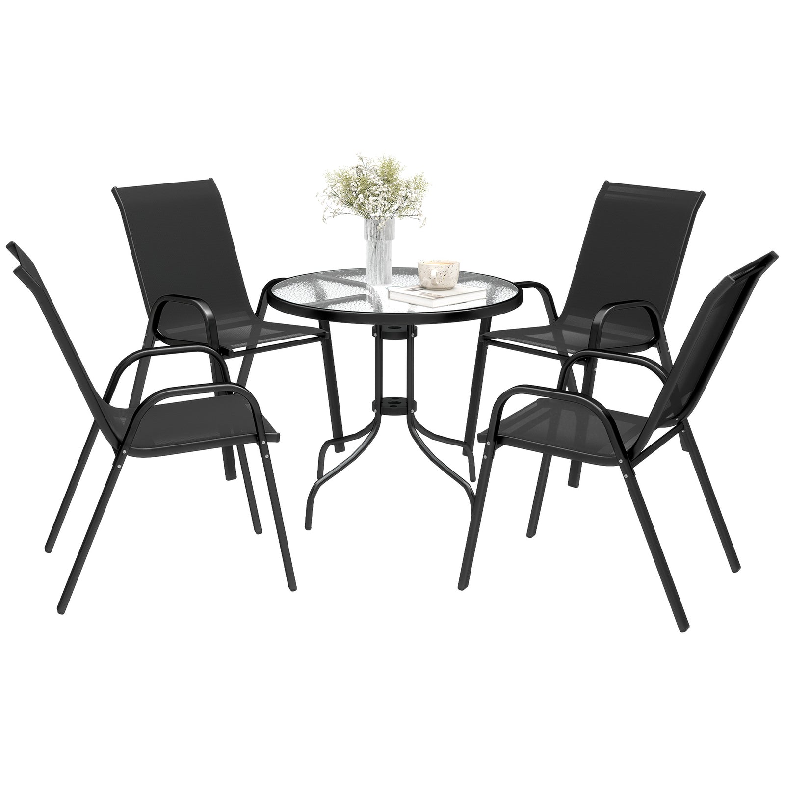 5 Pcs Garden Furniture Set, Round Table And Stackable Chairs | Black