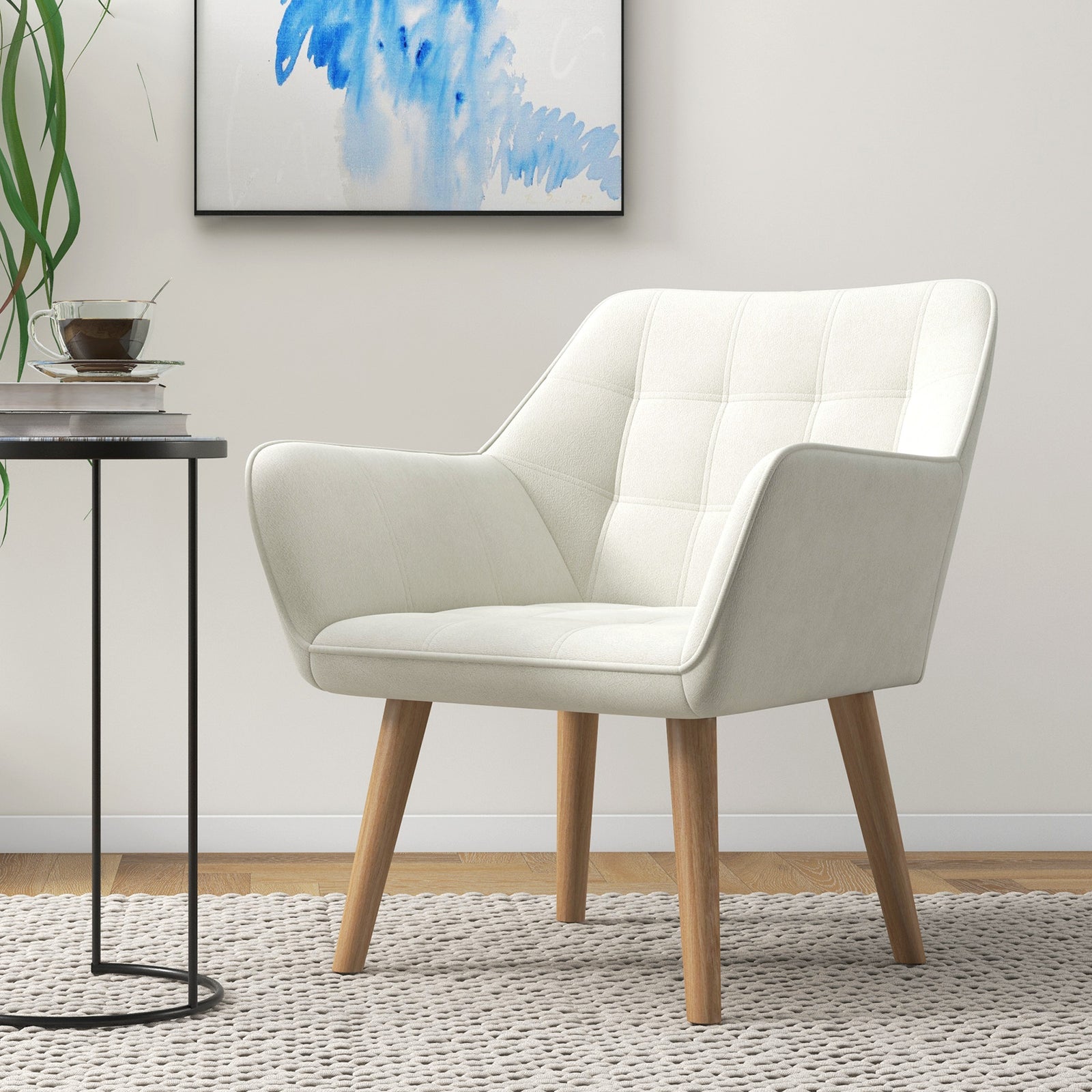 Velvet-feel Accent Chair With Arms Slanted Back Wood Legs | One Size | Cream