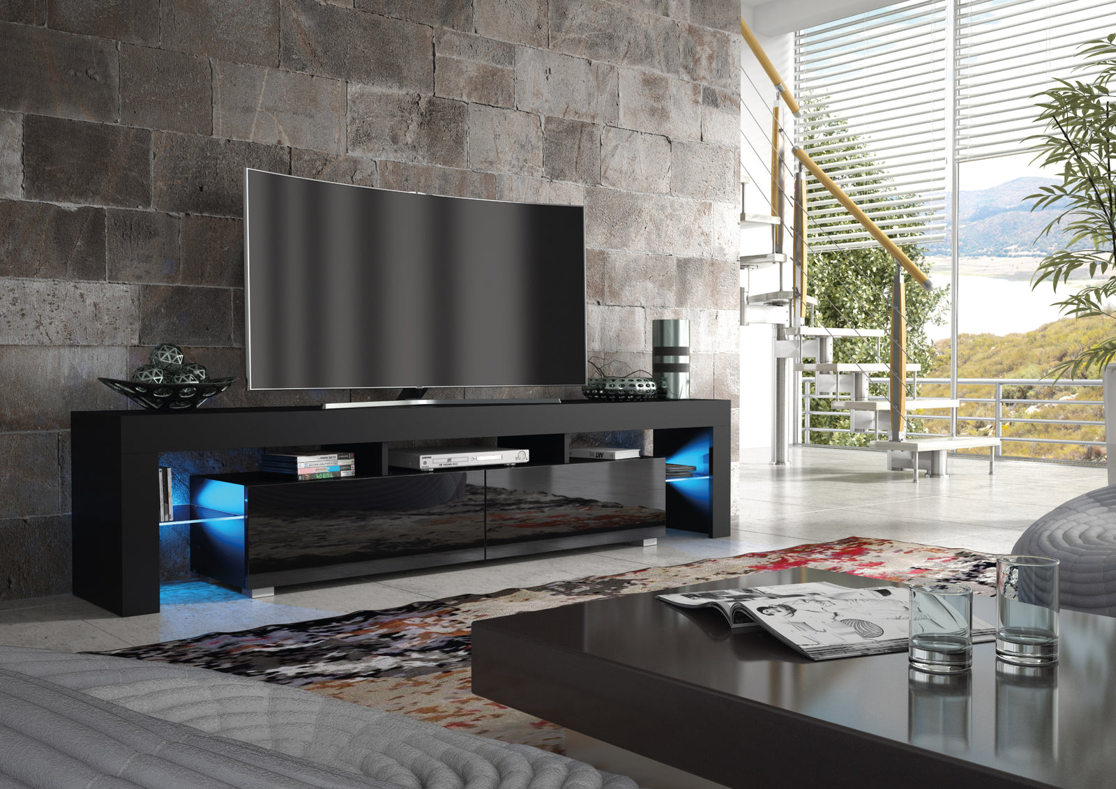 Nova Tv Unit 200cm With Led Lights | Black