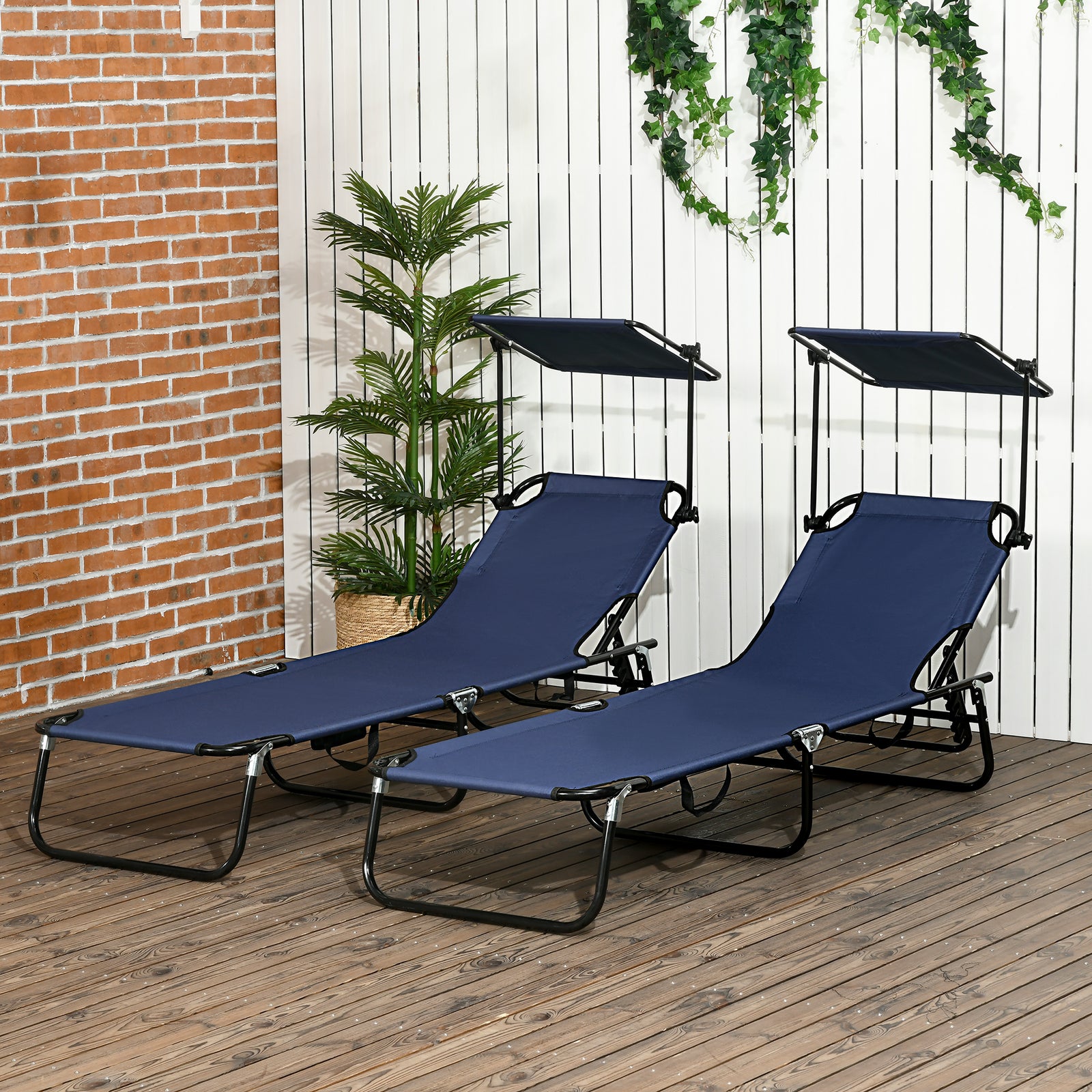 2 Piece Folding Sun Loungers With Adjustable Backrest | Dark Blue