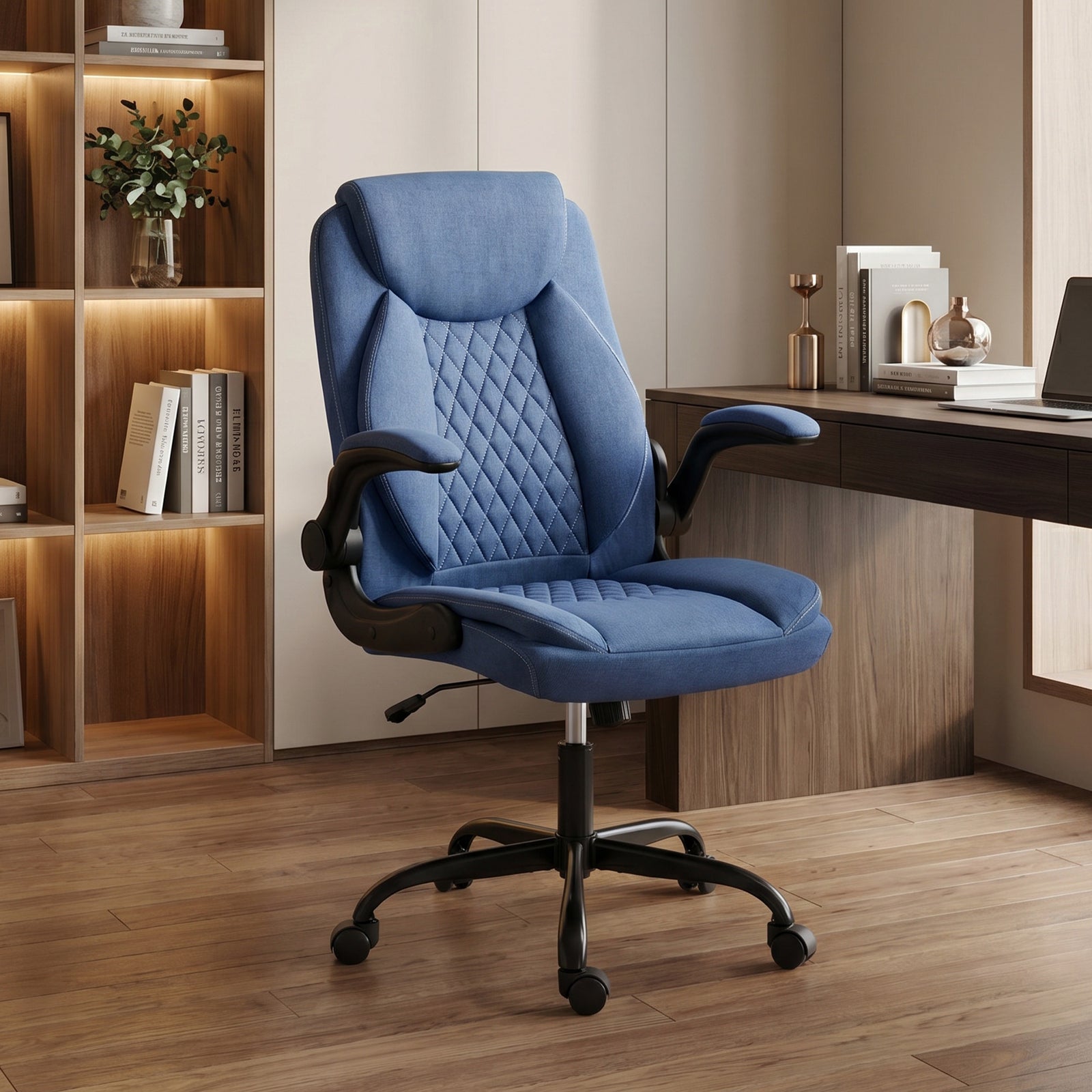 Linen-look Computer Desk Chair With Thick Cushion | Blue
