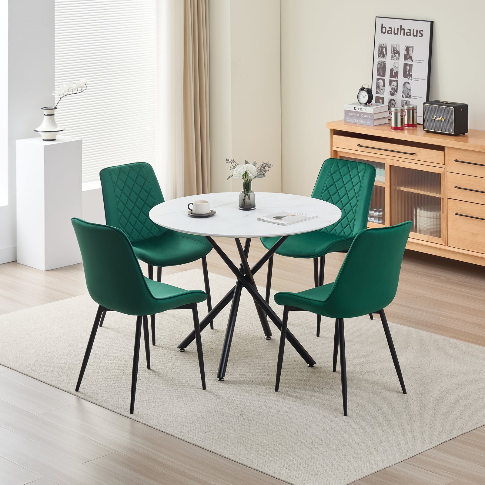 Stylish Seattle Dining Table Set With 4 Amelia Velvet Chairs | Green