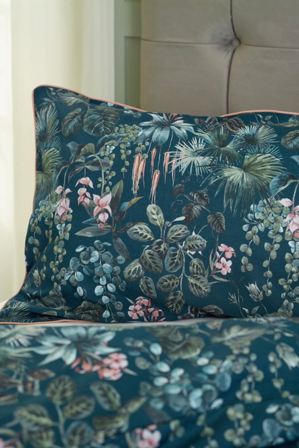 Tropical Leaves Bedding Set – Digitally Printed 100% Cotton With Piped Edging | Double | Duck Egg