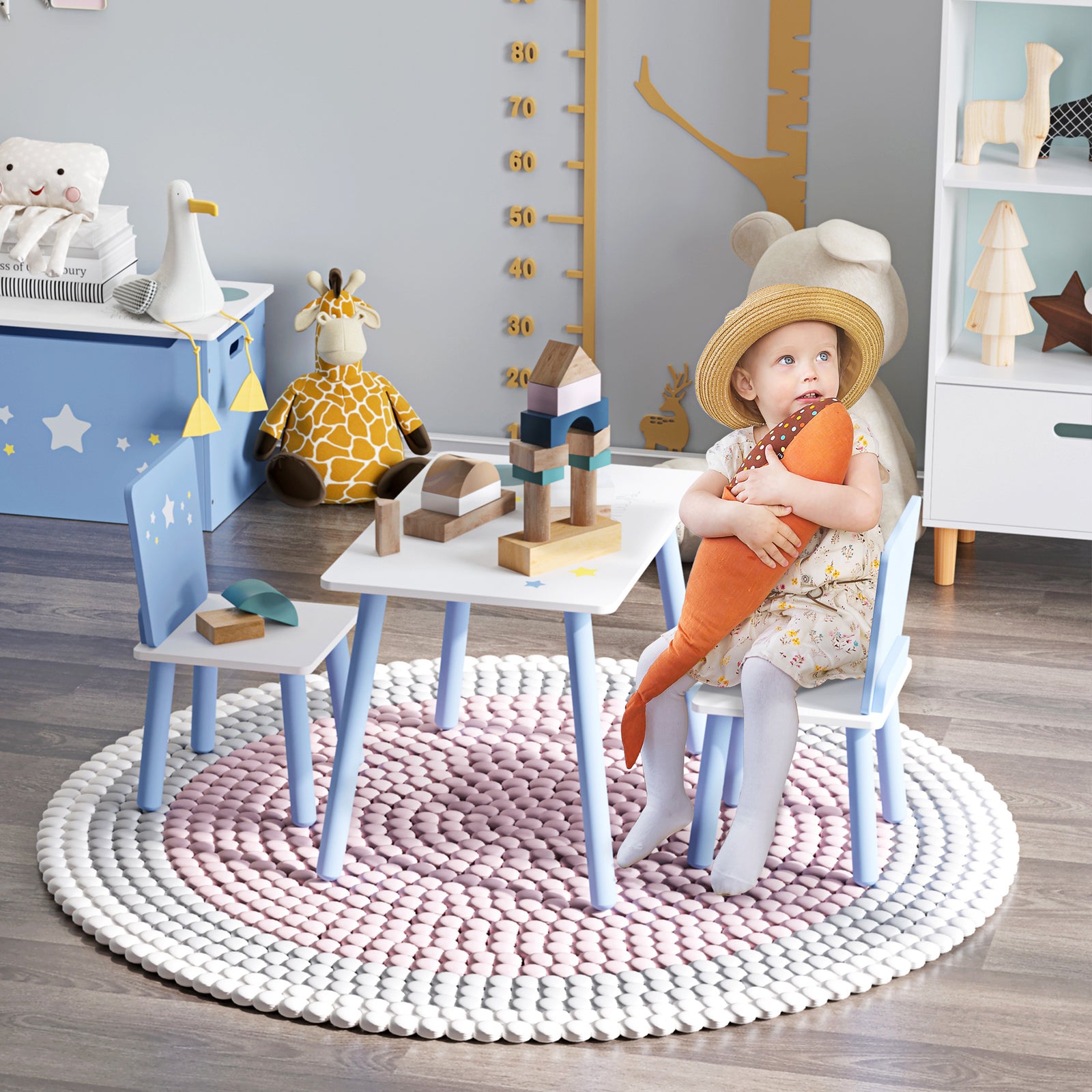 3 Pcs Kids Table & Chairs Dining Set Wood Legs Safe Corners Stars Seating