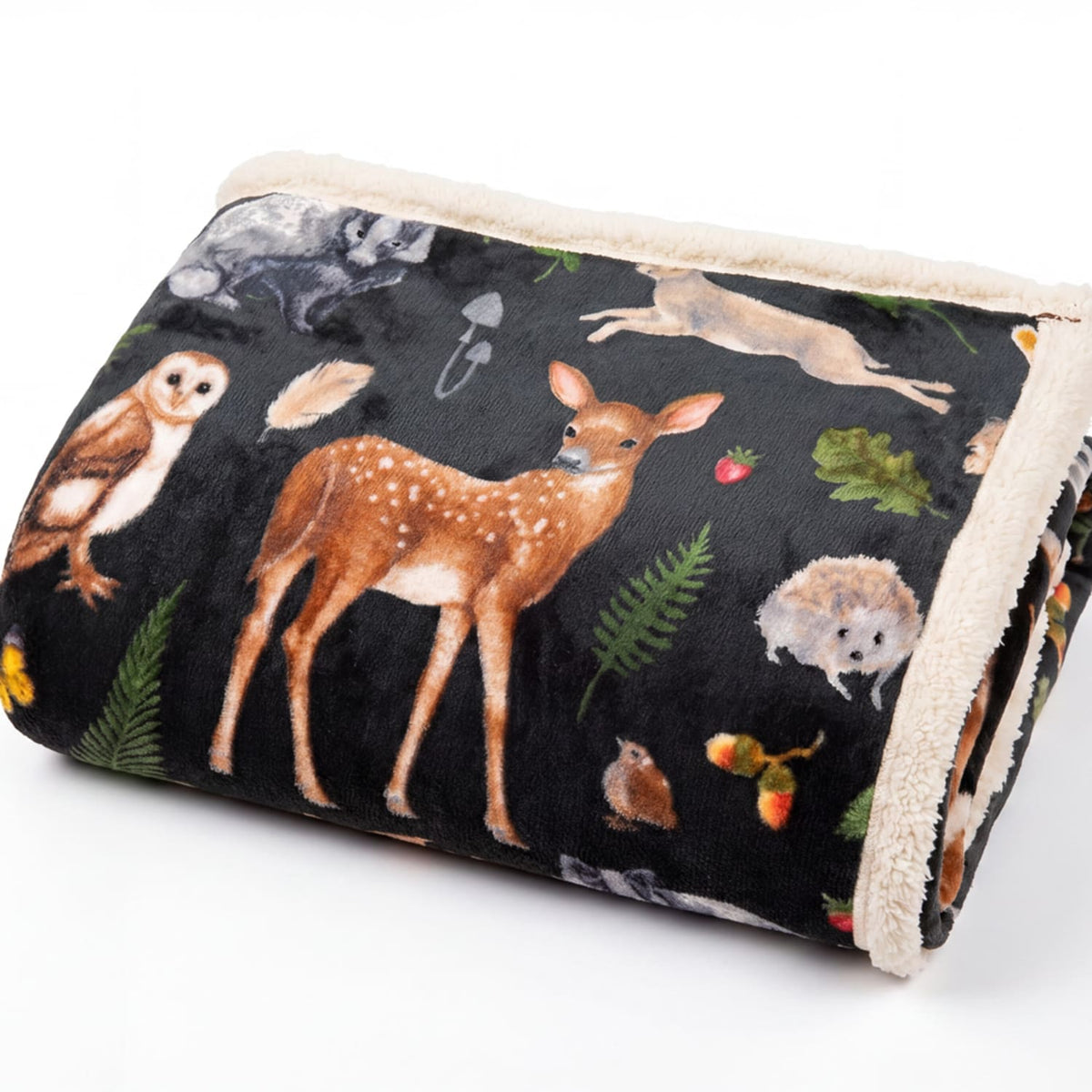 British Wildlife Sherpa Fleece Throw – Reversible Printed Flannel Blanket | 140cm x 180cm | Green