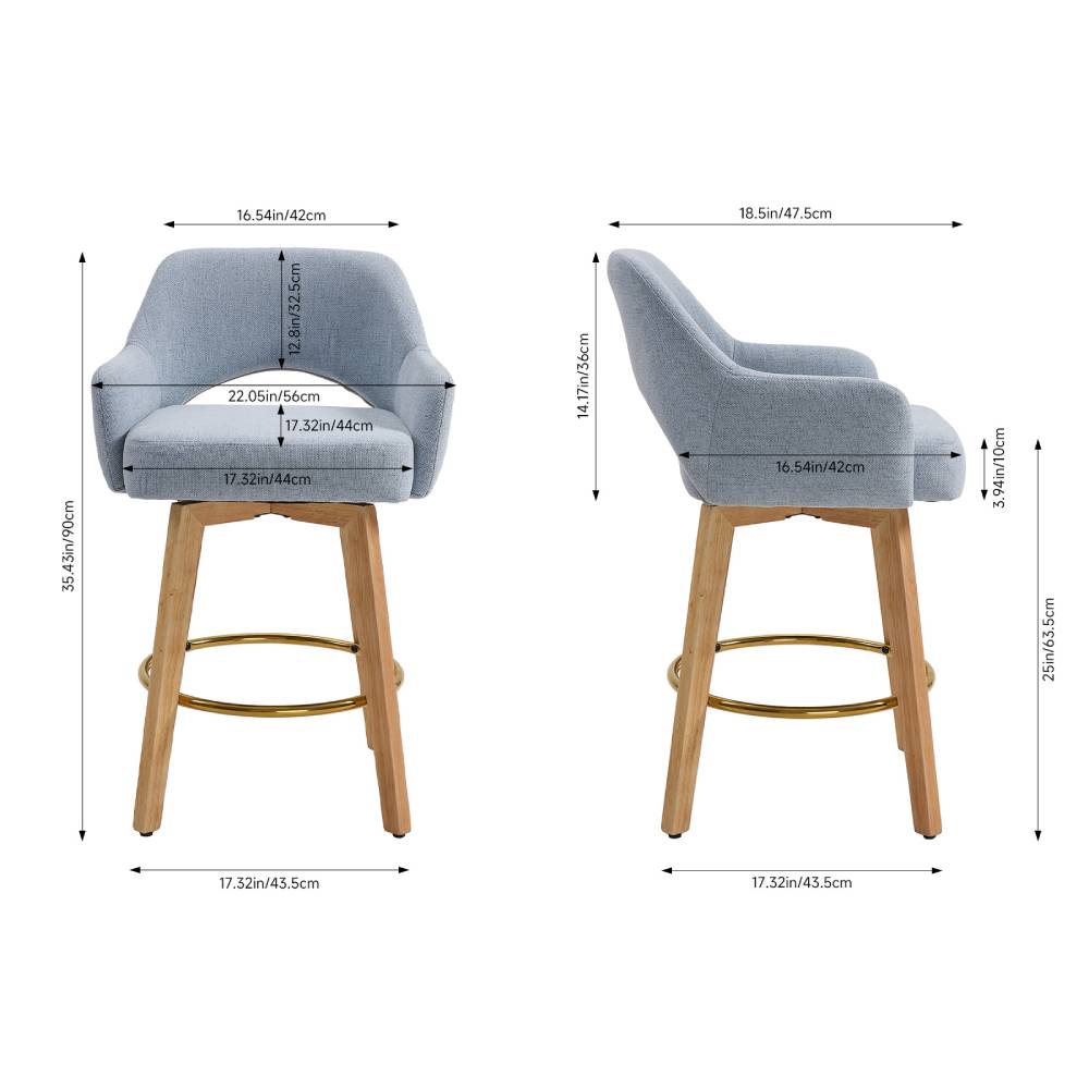Set Of 2 Swivel Chenille Upholstered Bar Stools With Wooden Legs | Blue