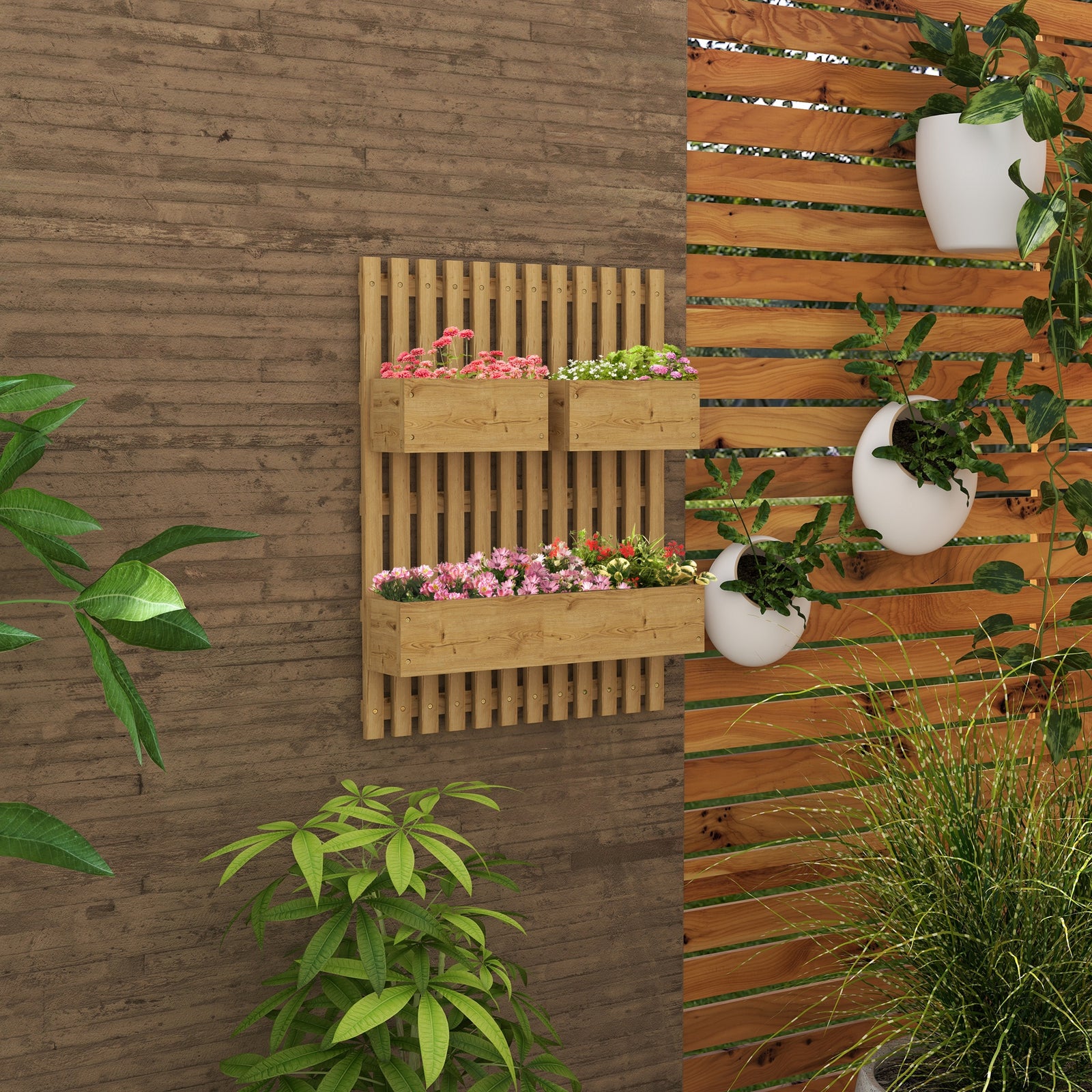 Wall-mounted Planter With Trellis And 3 Boxes | Chocolate