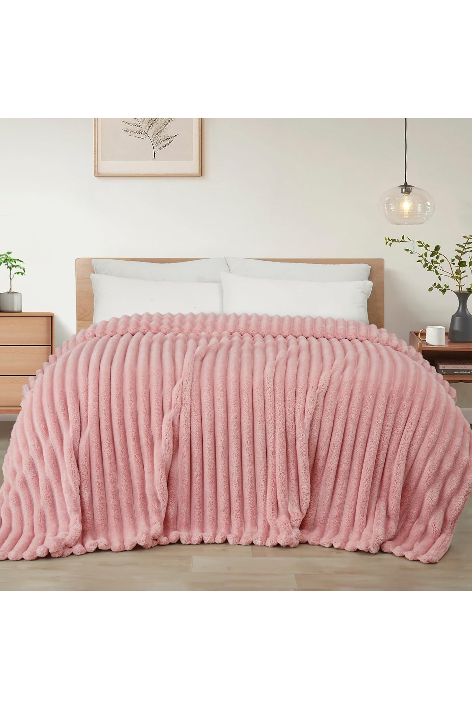 Ribbed Jacquard Fleece Blanket Throw Soft Warm Bed & Sofa Cover | 200cm x 240cm | Pink