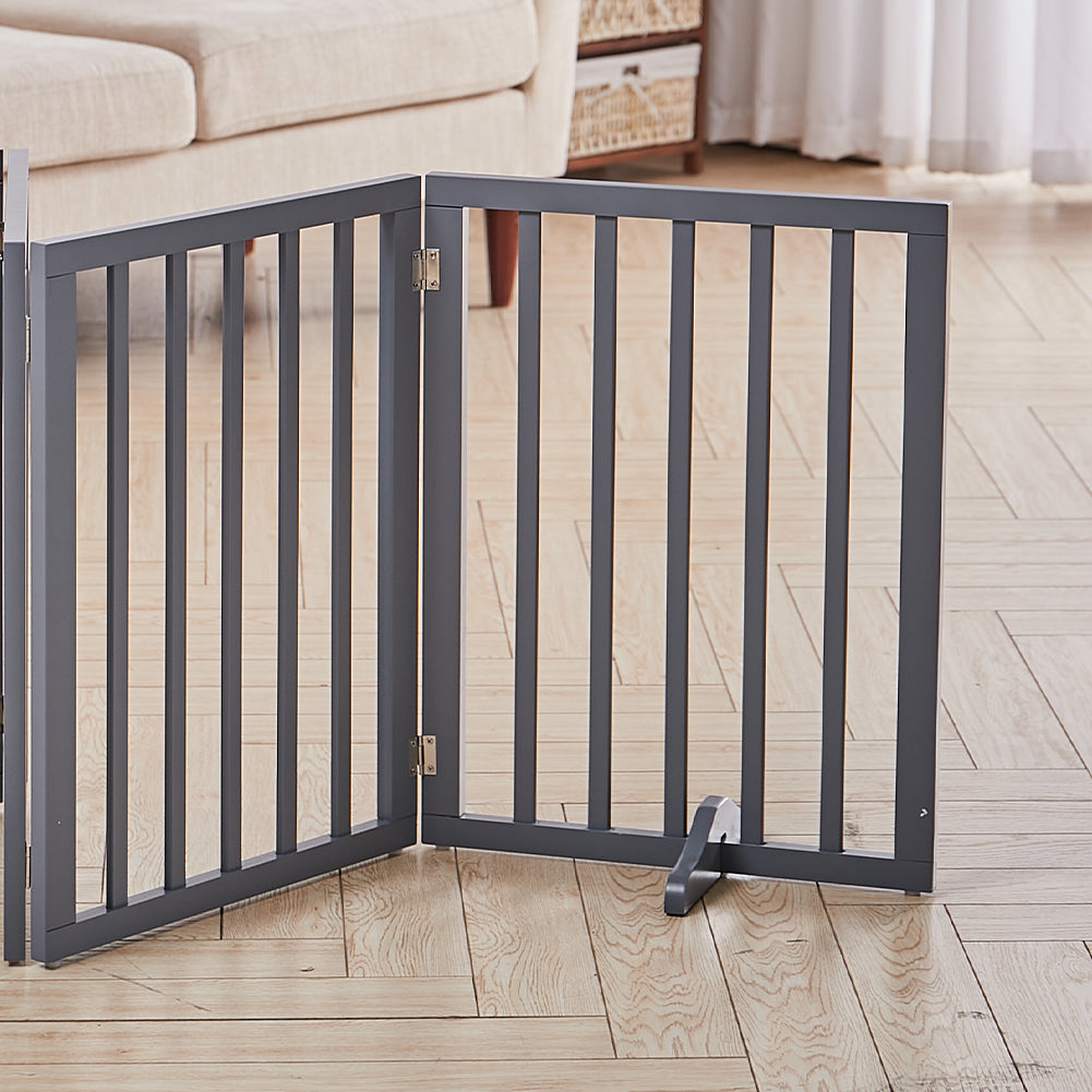 Foldable Freestanding 3/4-panel Pet Gate, Indoor Safety Barrier For Doorways, Halls & Staircases | Small | Grey