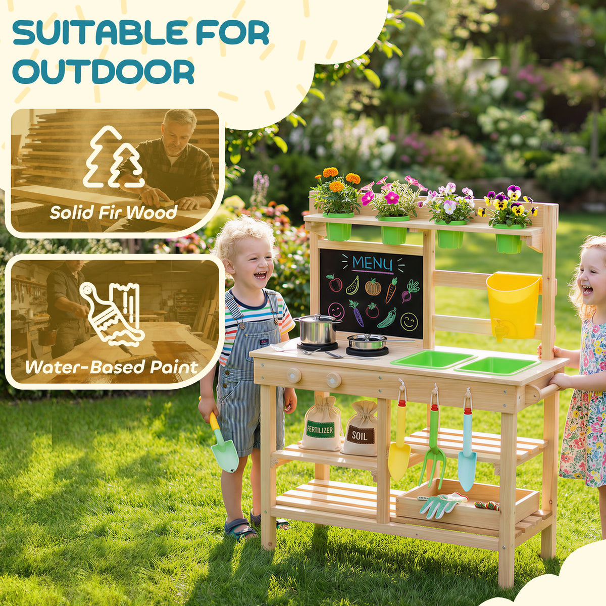 AIYAPLAY Wooden Kids Mud Kitchen With Kitchenware & Garden Tools