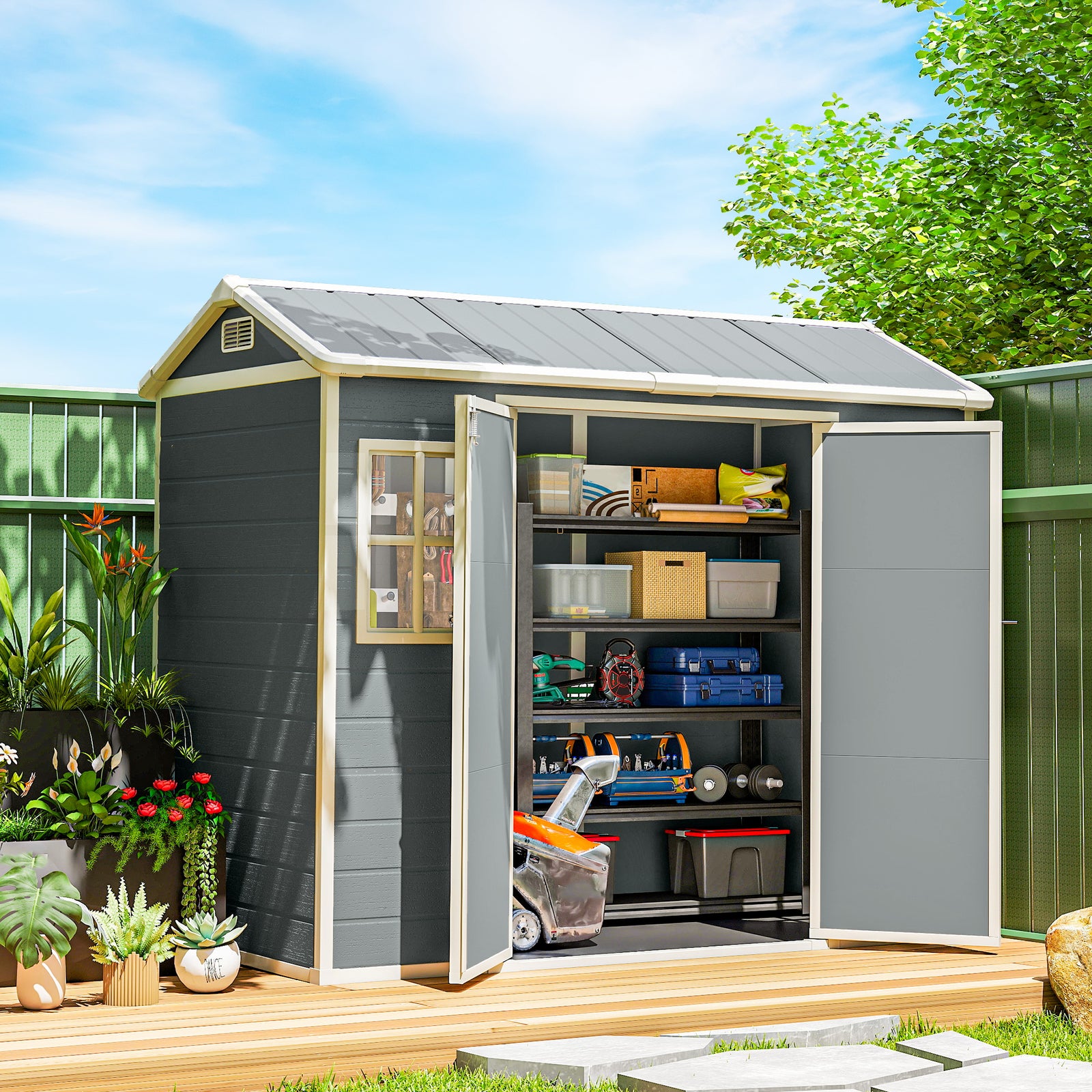 8 X 4 Ft Resin Garden Shed With Floor, Lockable Doors | Light Grey