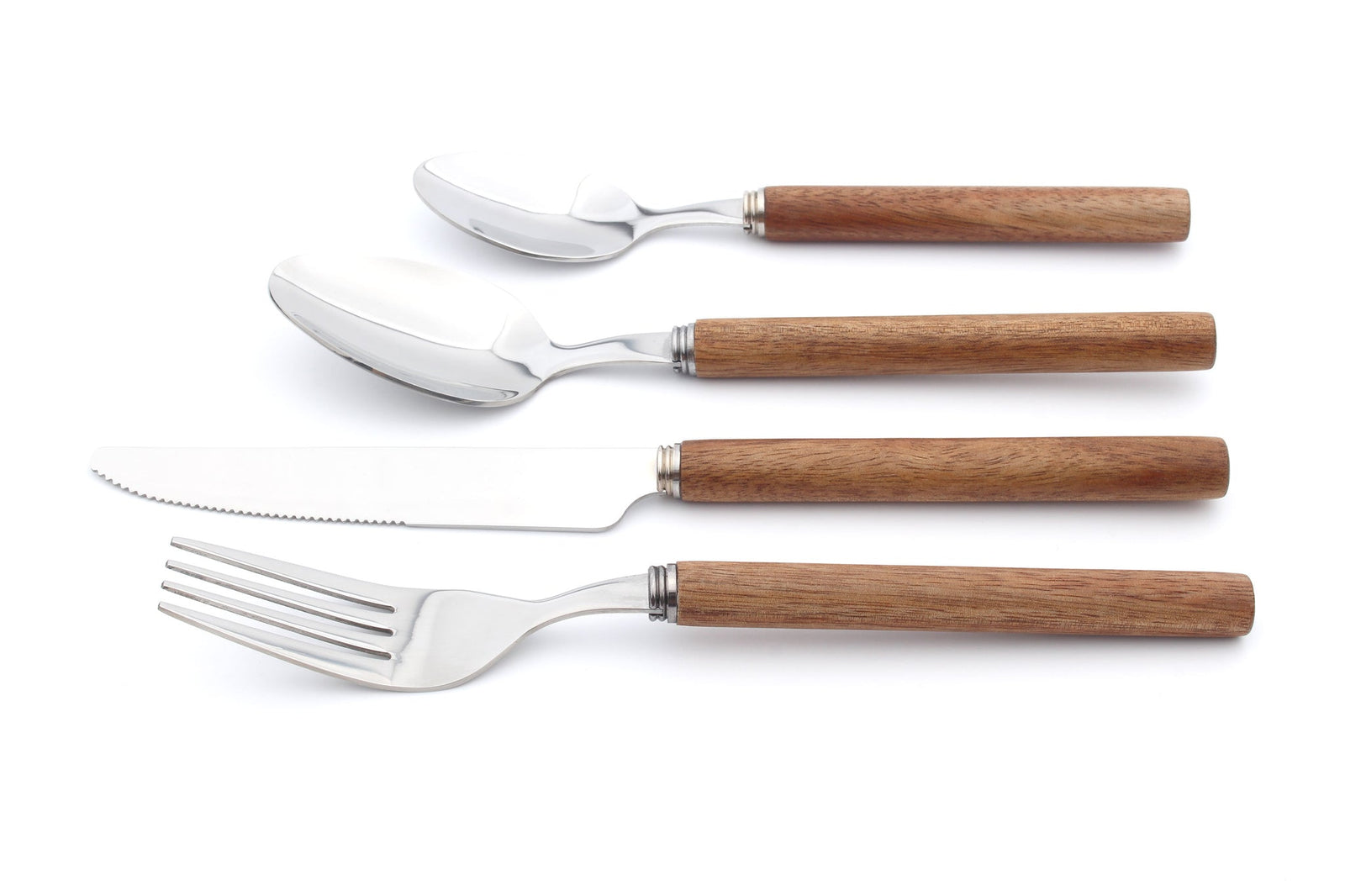 Cutlery Set Acacia Wood Handle Stainless Steel Fork Spoon | Set of 32 | Brown