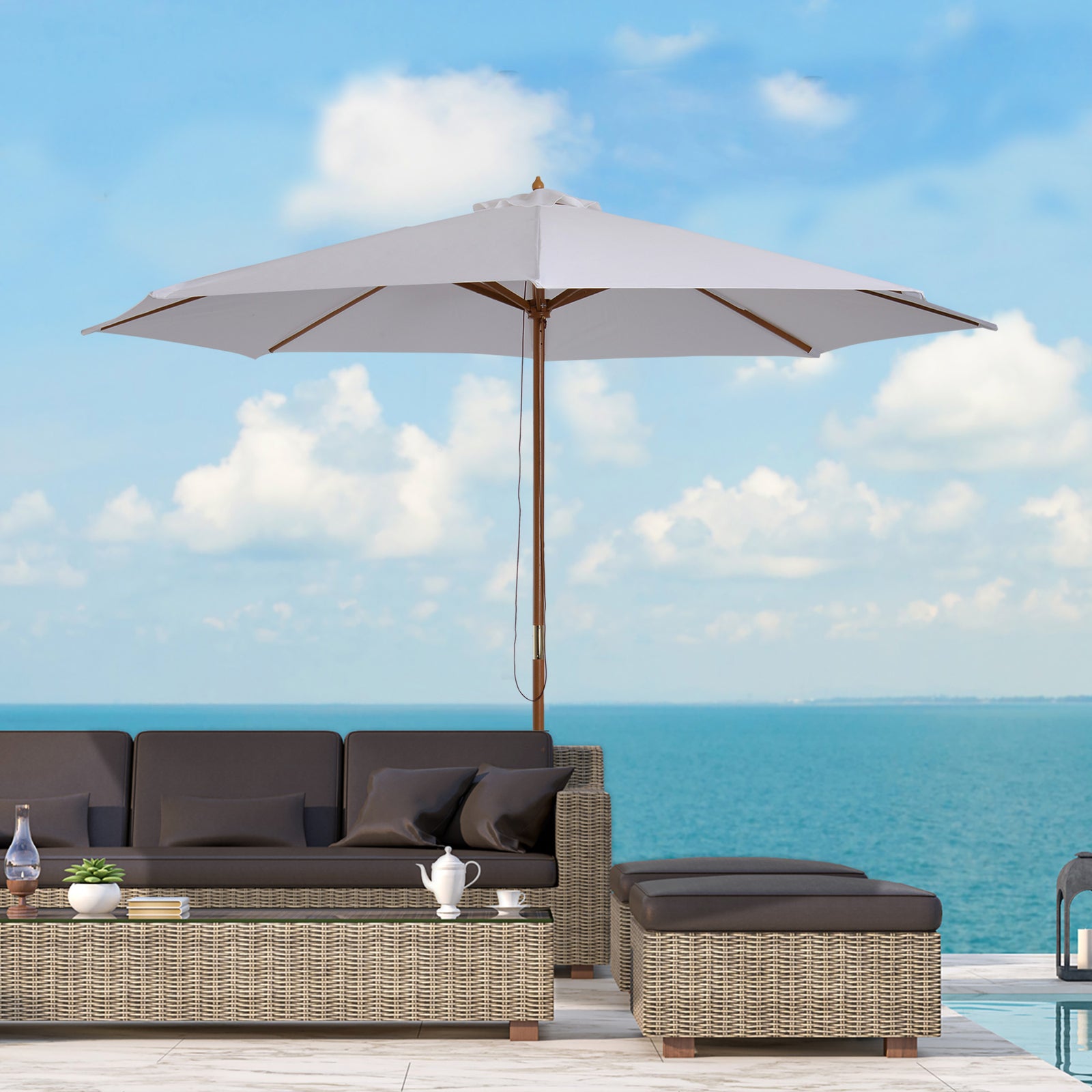 3m Wooden Bamboo Parasol Outdoor Umbrella Canopy | White