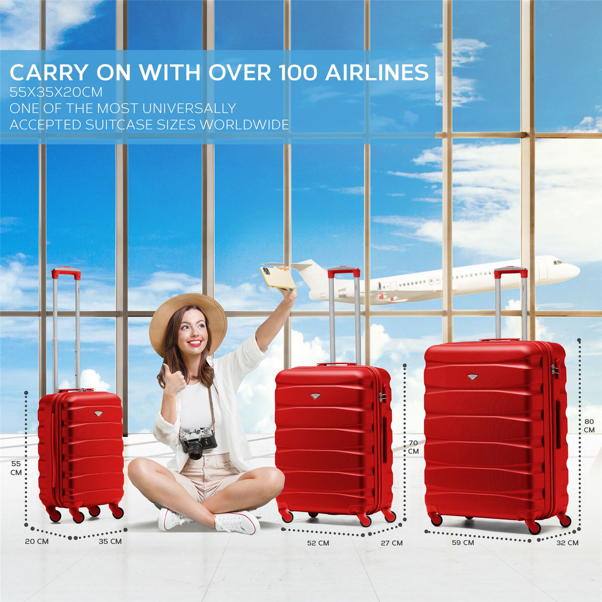 Set Of 3 Hard Shell Suitcase Cabin & Check In Cases With Tsa Lock - Overhead Cabin With Medium & Large Check-in Bag | Set of 3 | Red