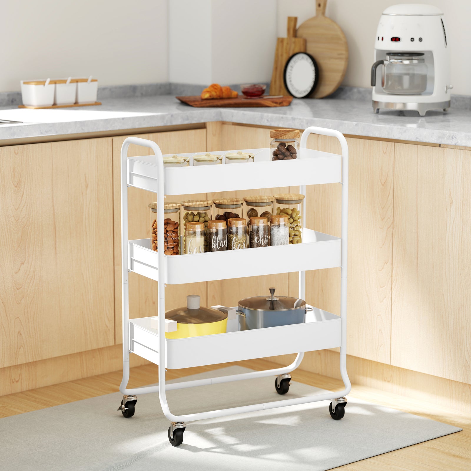 3-tier Storage Trolley, Storage Cart With Mesh Backets, Wheels | White
