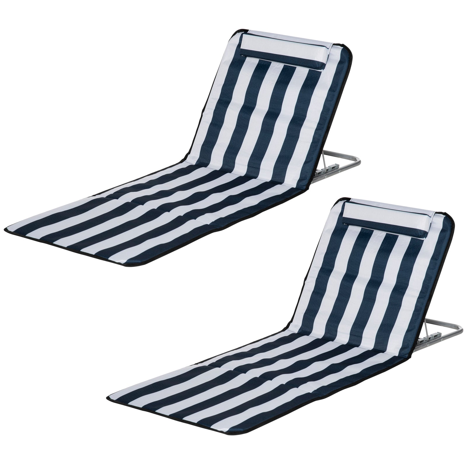2pc Outdoor Beach Mat Steel Reclining Chair Set W/ Pillow | Blue