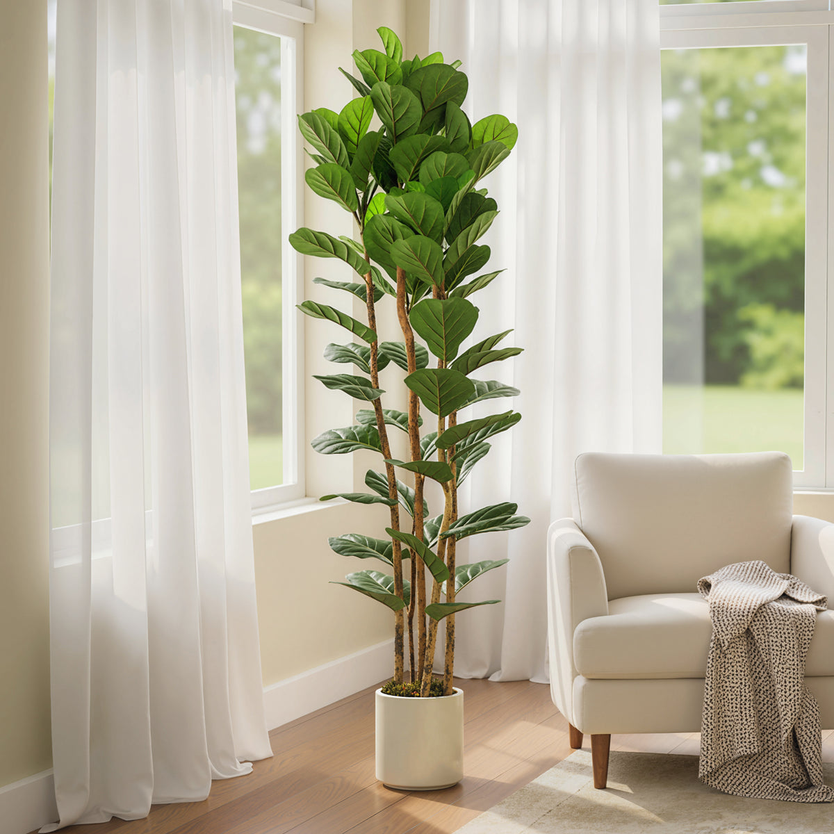 HOMCOM Artificial Fiddle Leaf Fig Tree With Solid Wood Trunks