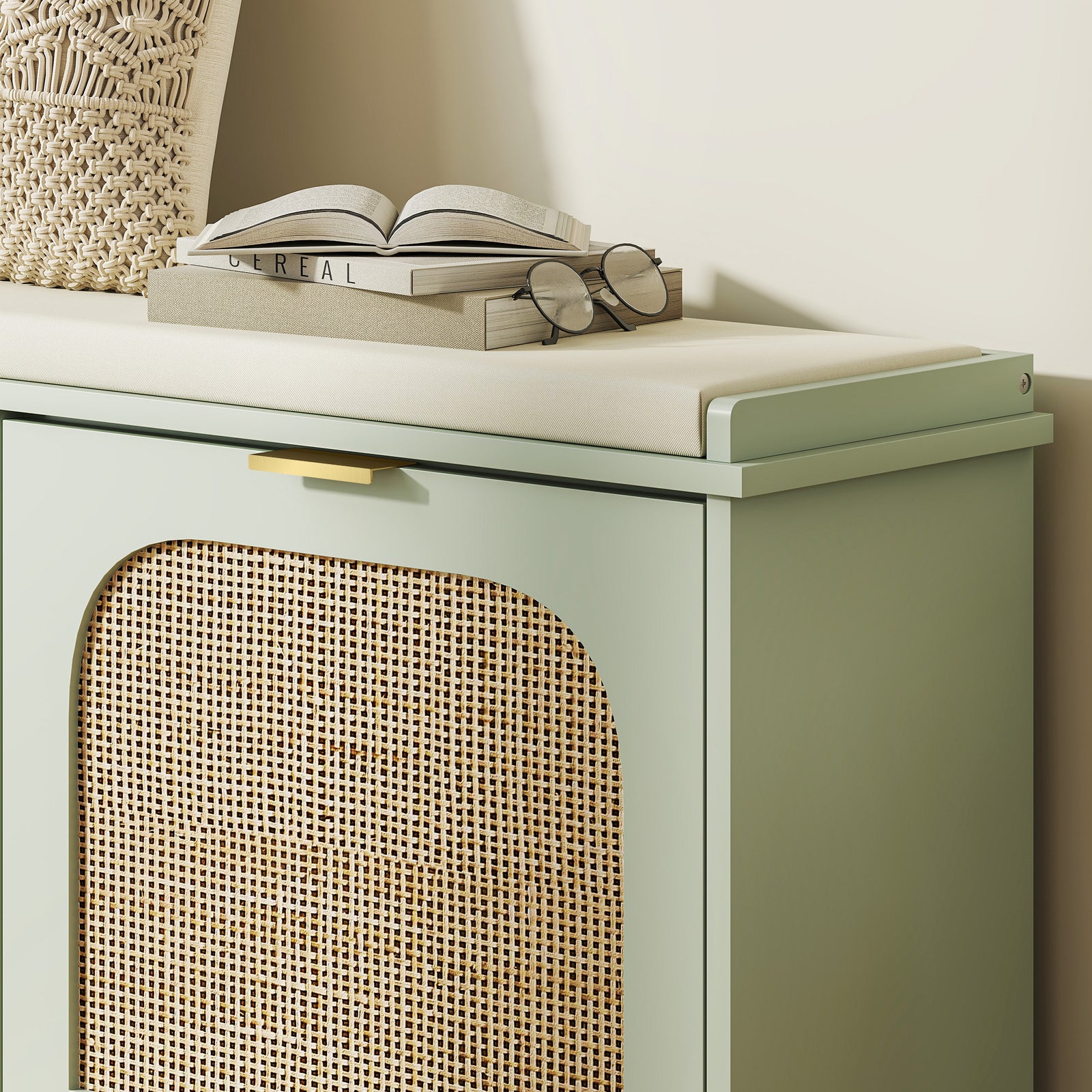 Boho Shoe Bench With Padded Seat And 2 Flip-drawers | Light Green
