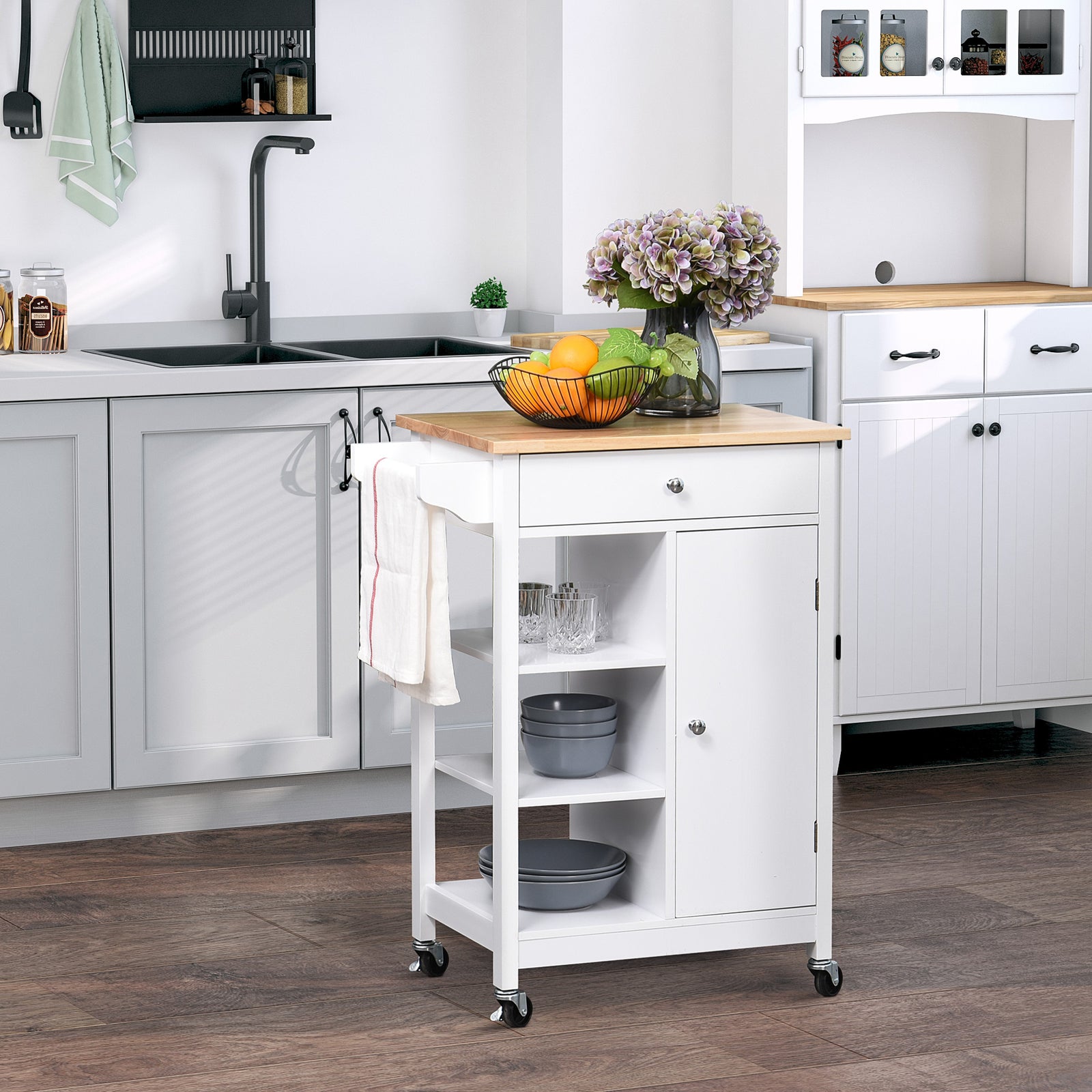 Storage Trolley With Wood Top, Shelves, Drawer