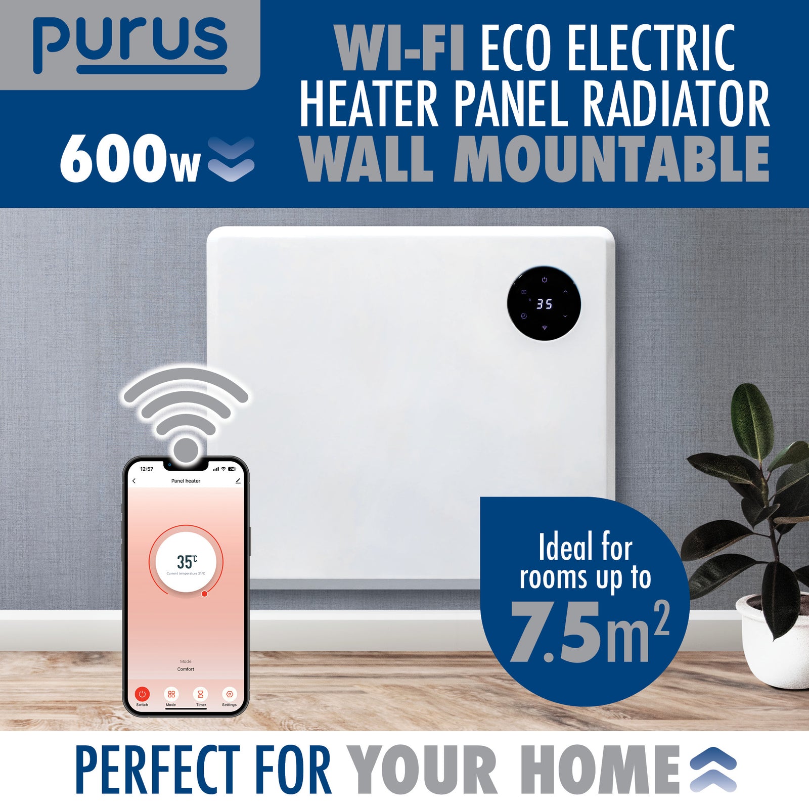 Wifi Smart Electric Radiator Panel Heater White Wall Mounted Or Floor Standing Bathroom Safe Timer And Thermostat | 600w | White