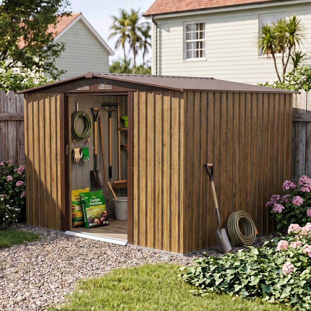 6 x 8ft Metal Apex Roof Garden Shed with Foundation, 3D Brown Wood Grain, Double Sliding Doors & 4 Air Vents