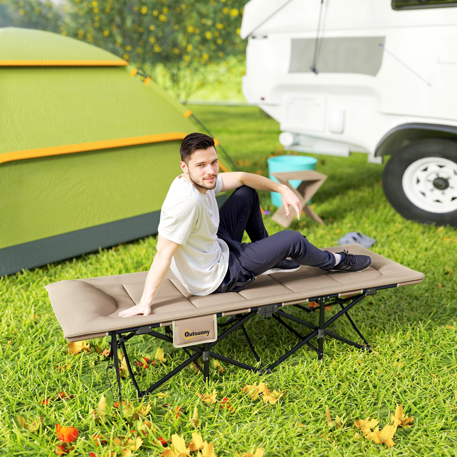 Folding Camping Bed With Cushion | Khaki