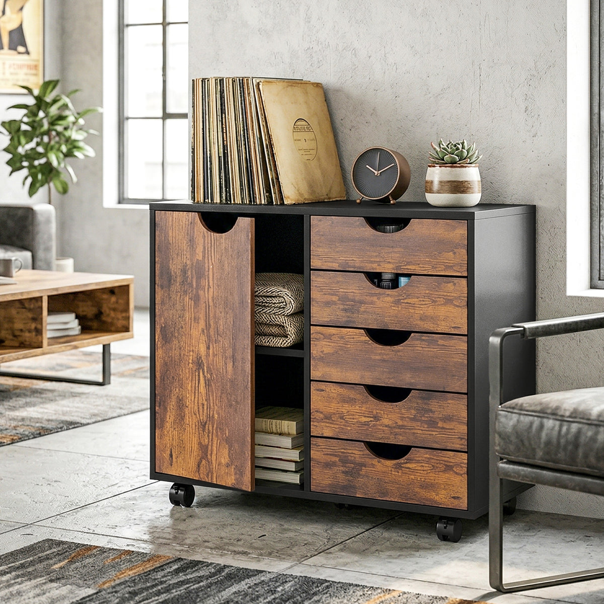 HOMCOM Modern Mobile 5-drawer Cabinet W/ Door, Office Storage Cabinet