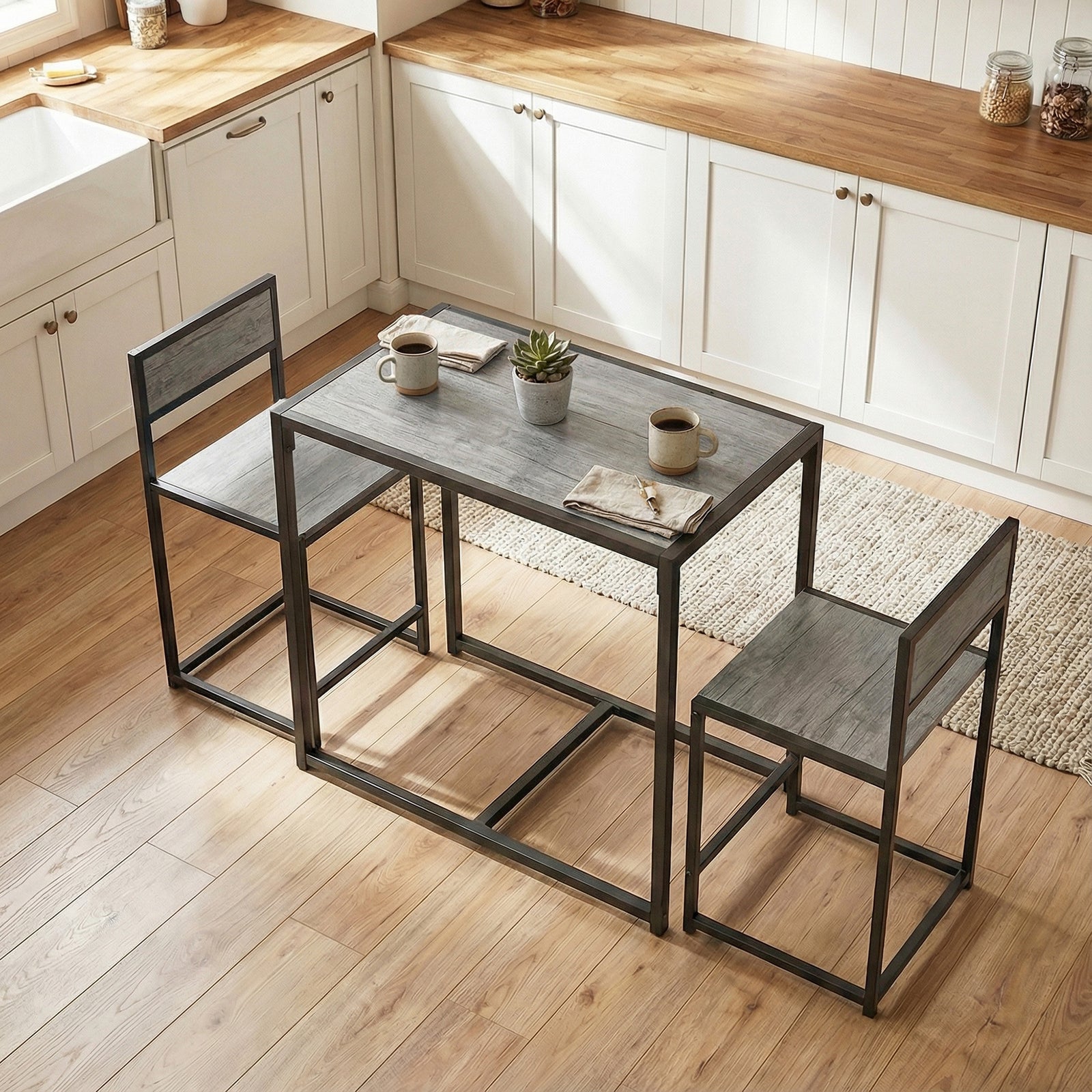 3 Piece Dining Table Set With Metal Frame | Charcoal Grey