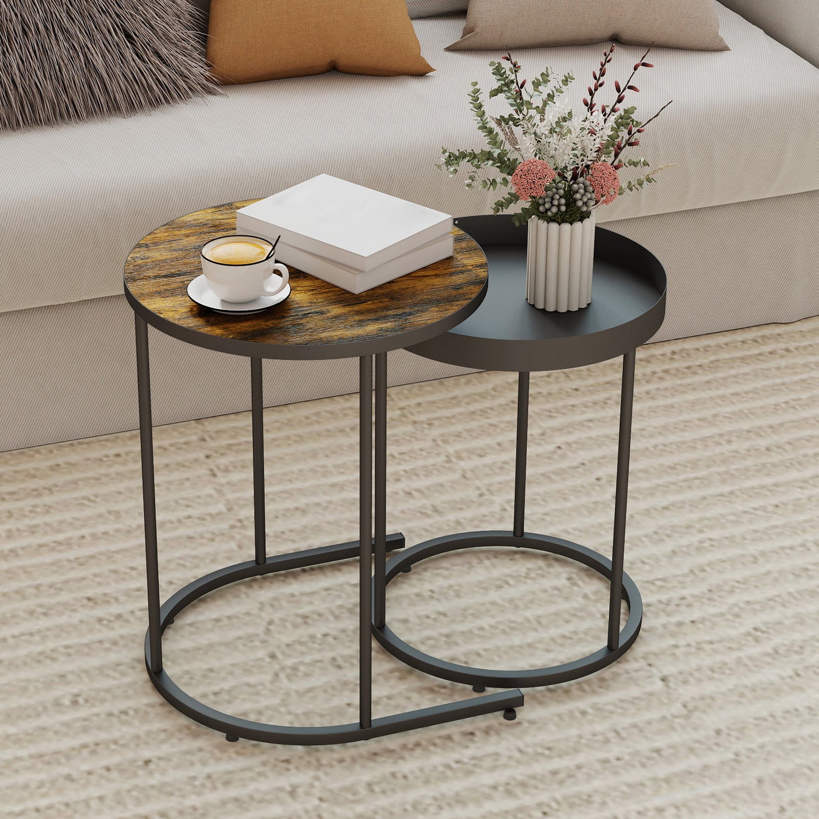 Nesting Side Table Set Of 2, Industrial Round Nest Of Tables | Rustic Brown