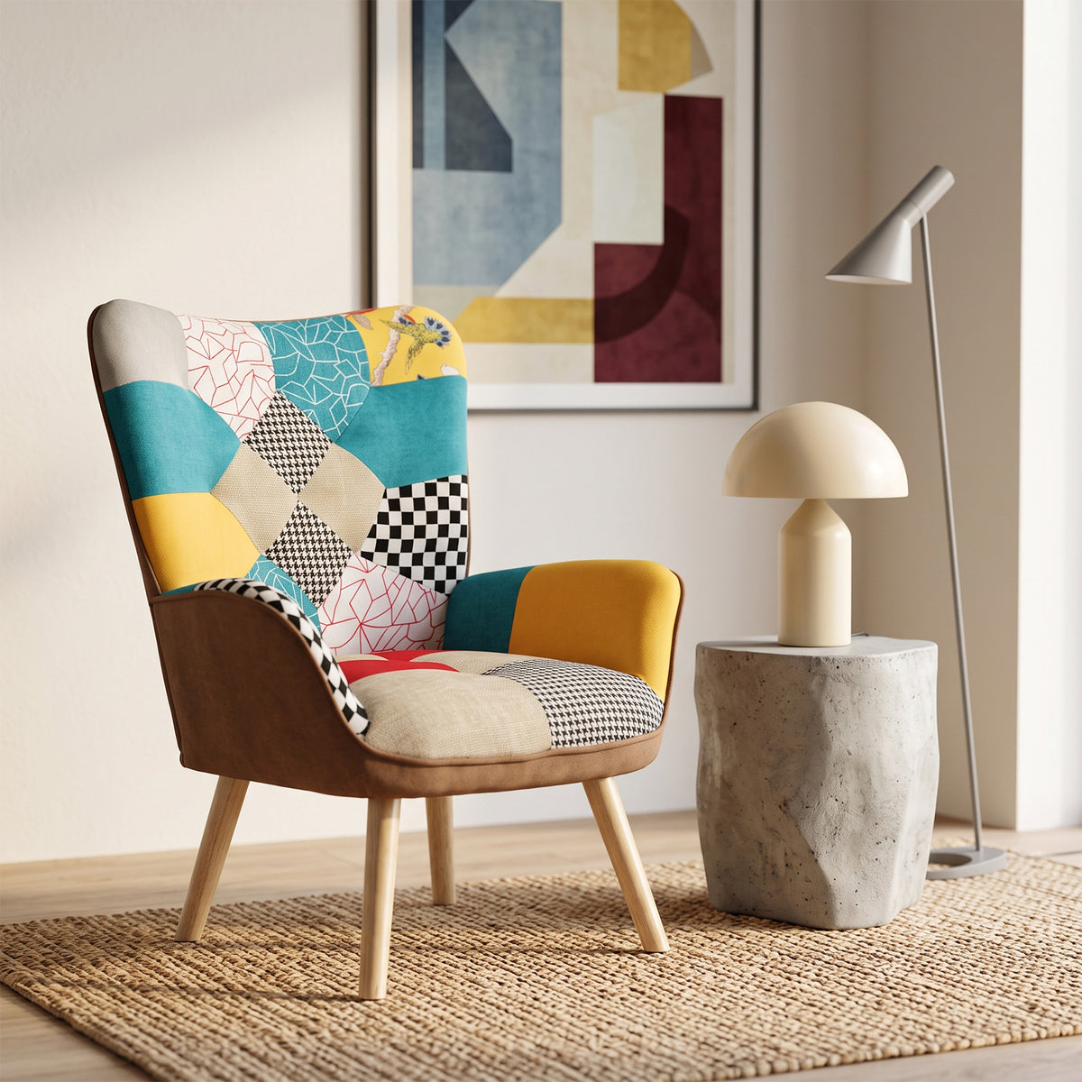Breeins Cozy Linen Upholstered Block-Stitch Lounge Chair with Wooden Base