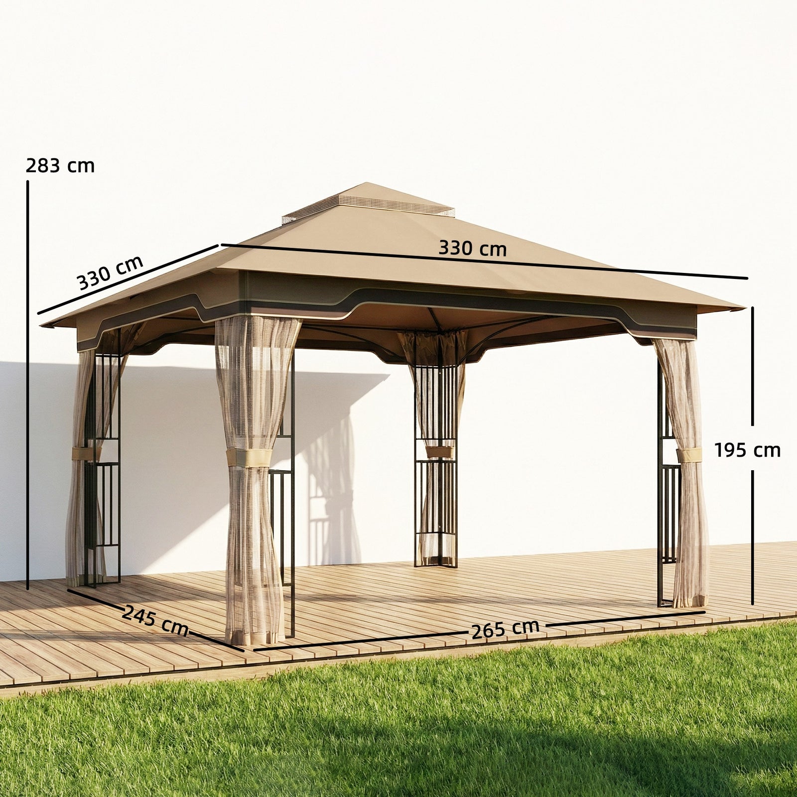 3.3 X 3.3 M Garden Gazebo With Shelves, Upf50+ Permanent Gazebo | Khaki