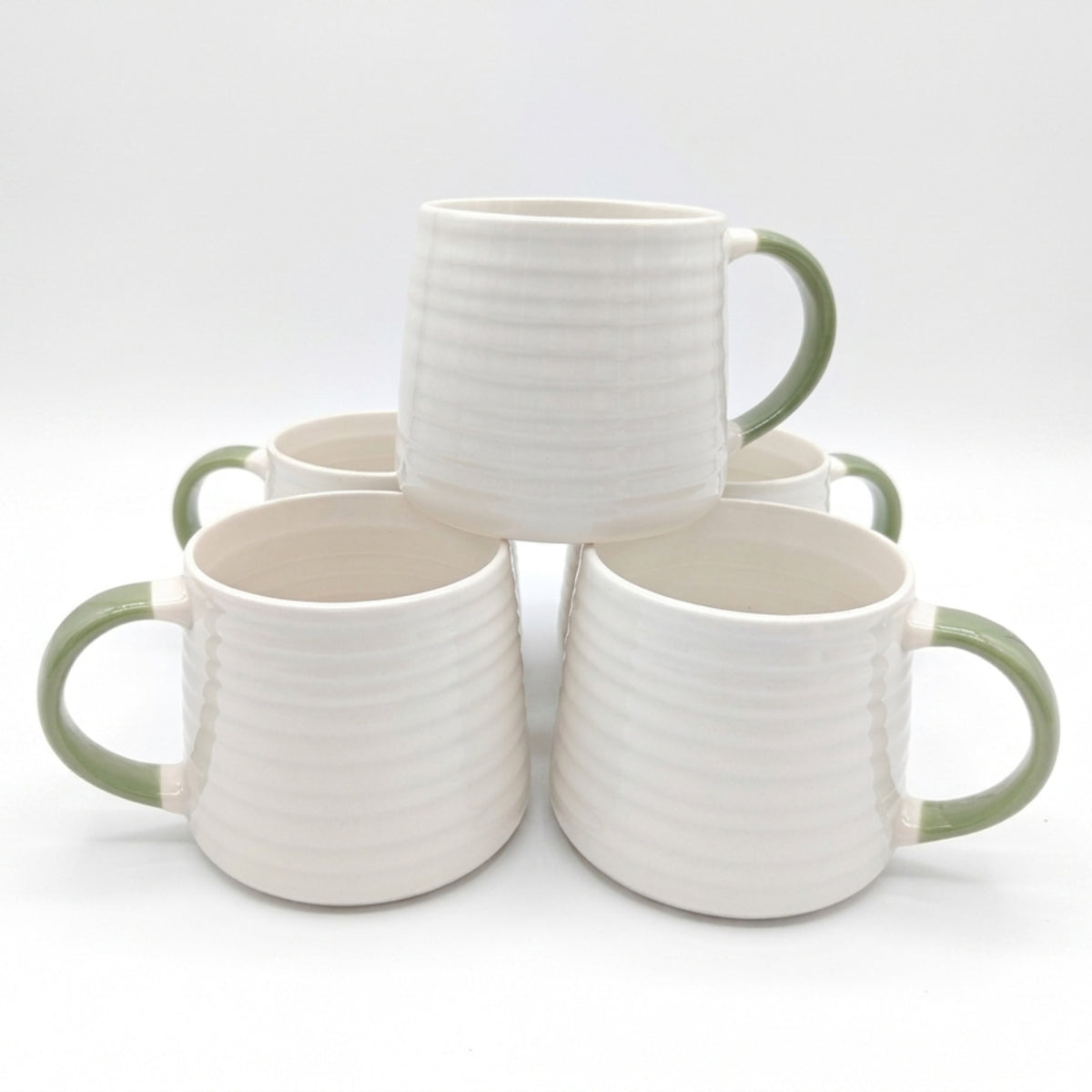 Ceramic Coffee Tea Mug 13oz Ribbing Textured Colour Painted Handle | Set of 2 | Green